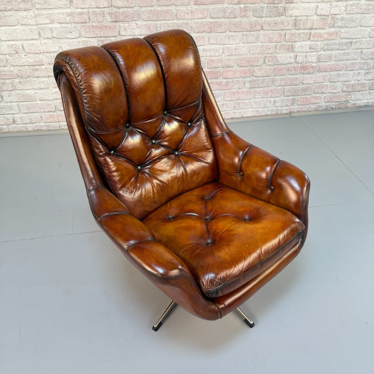 Vintage Danish Tan Leather Swivel Armchair – Hand Dyed Beautiful Patina