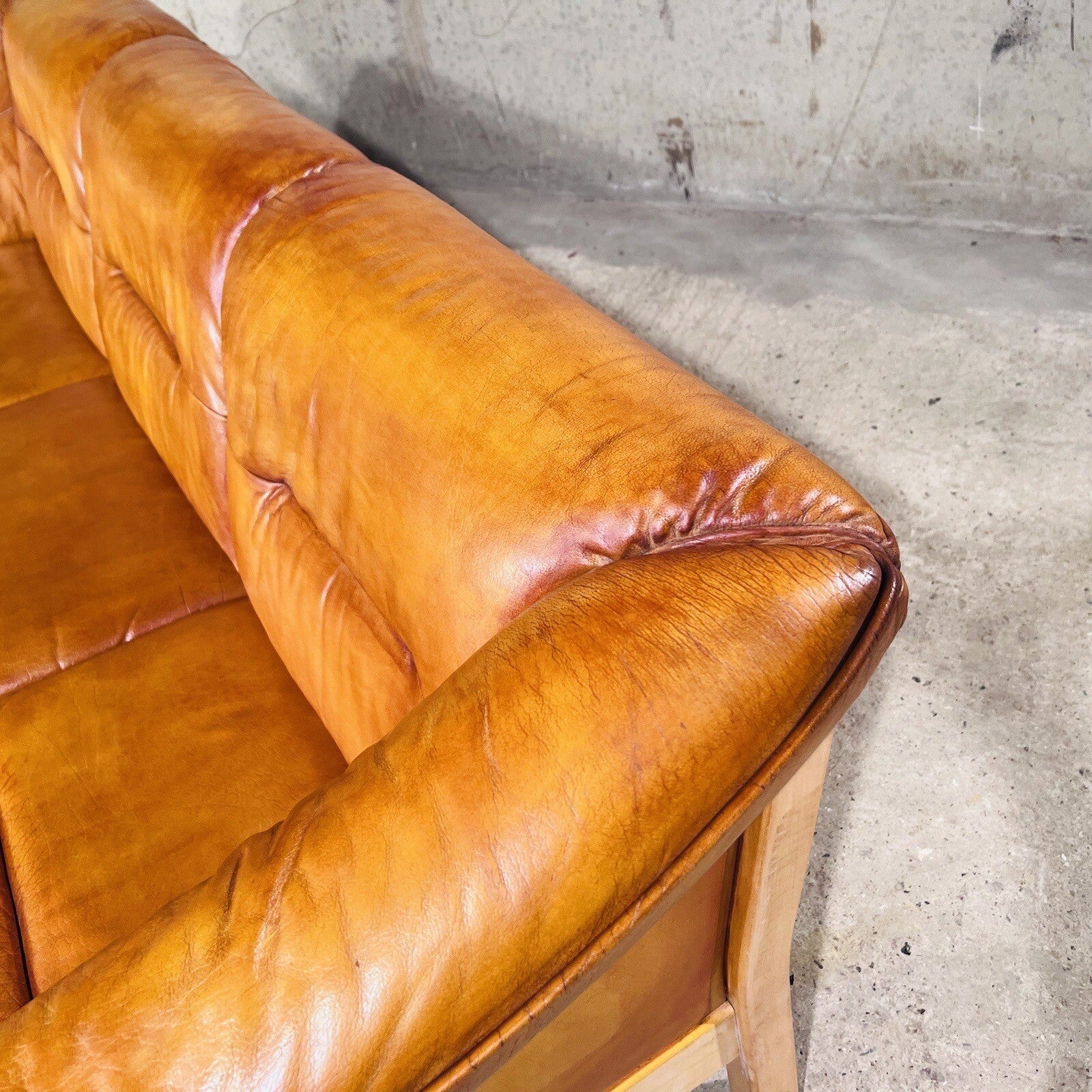 Long Vintage Swedish Three-Seater Patinated  Tan Leather Sofa