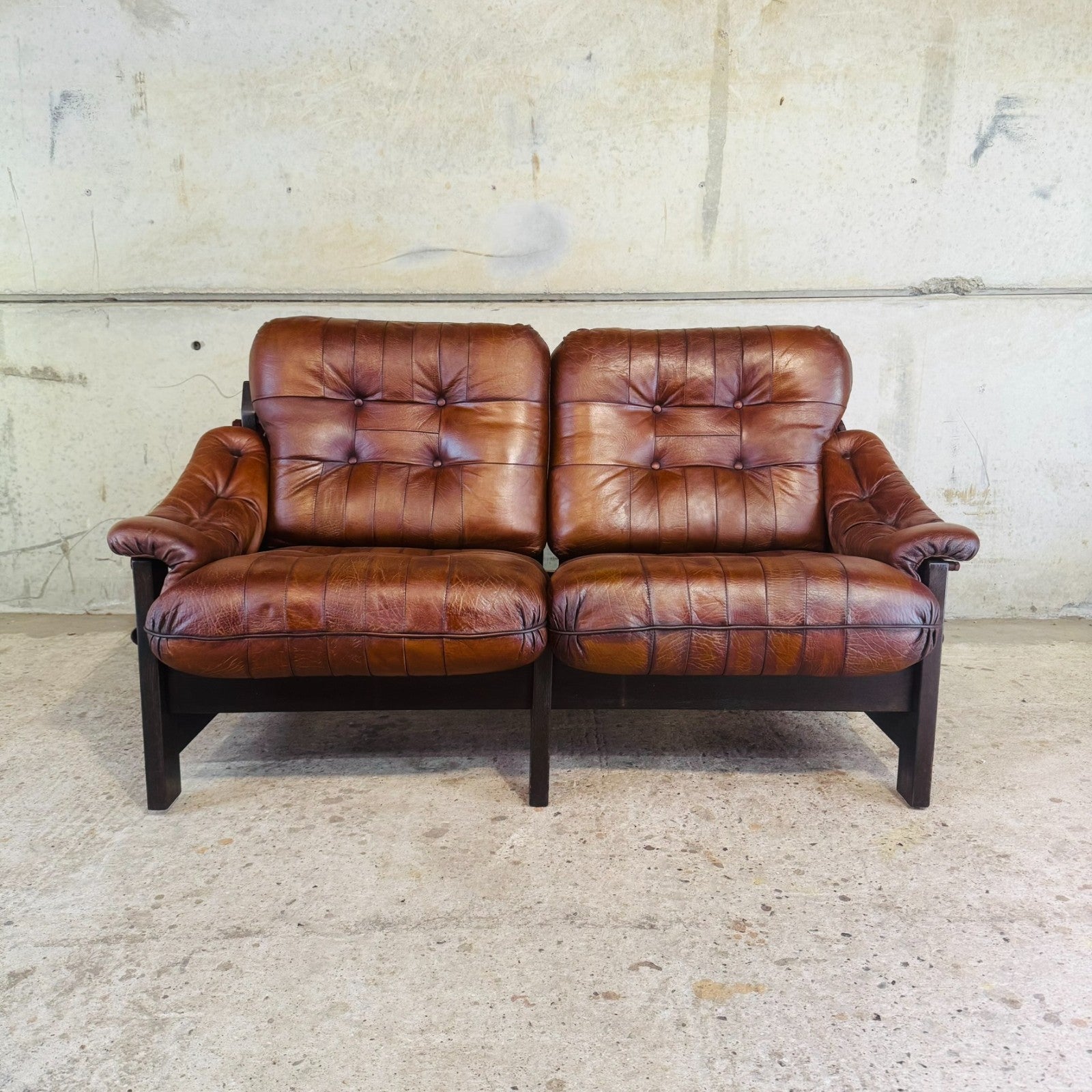 1970s Jean Gillon Brazilian Oak & Tan Leather Two-Seater Sofa — Rustic