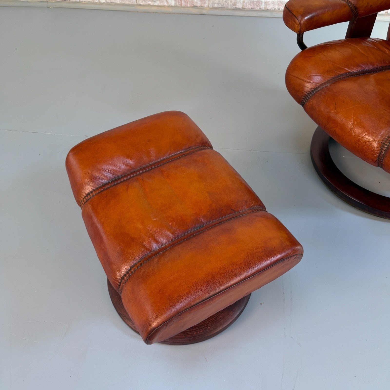 Vintage Danish Ekornes Reclining Swivel Armchair Tan Leather with Footstool