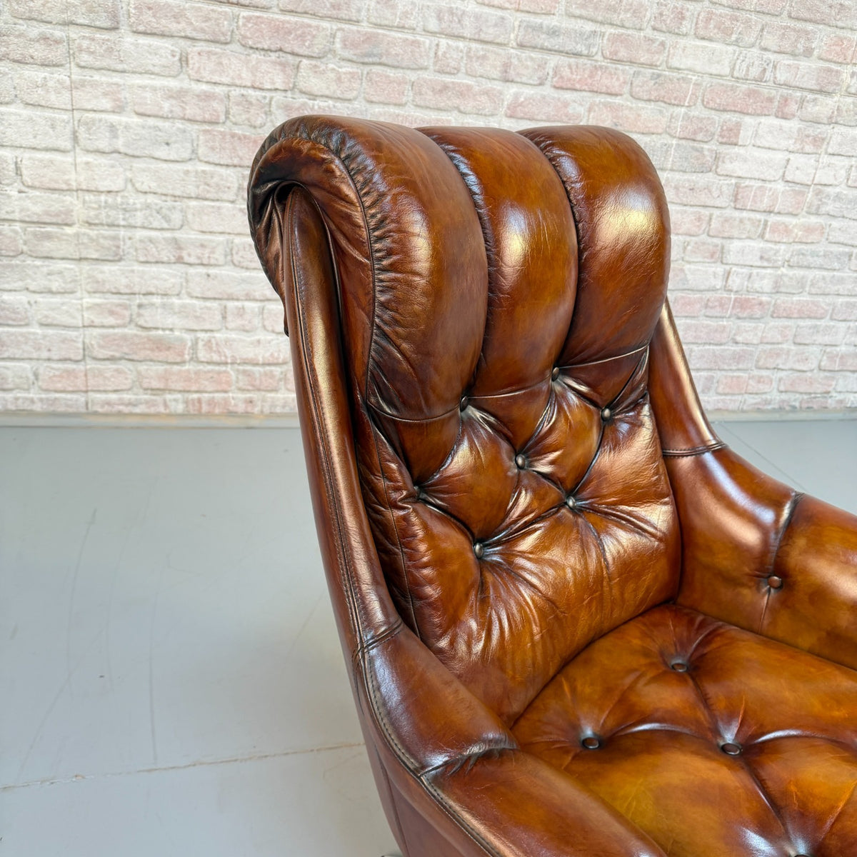 Vintage Danish Tan Leather Swivel Armchair – Hand Dyed Beautiful Patina