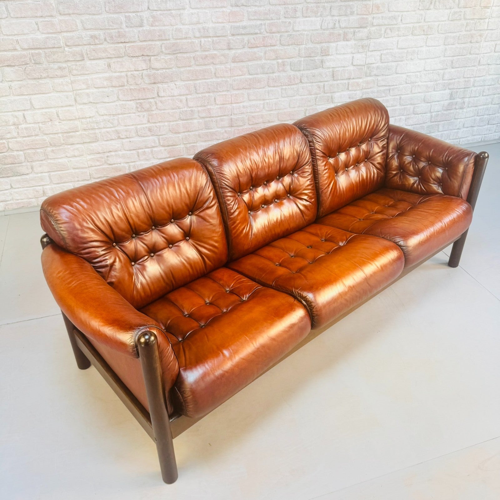 Vintage 1970s Swedish Tan Leather Three Seater Sofa