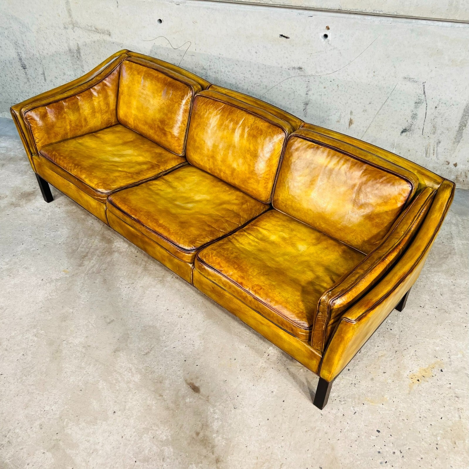 Vintage 1970s Danish Erik Jorgensen Patinated Light Tan Three-Seater Leather Sofa