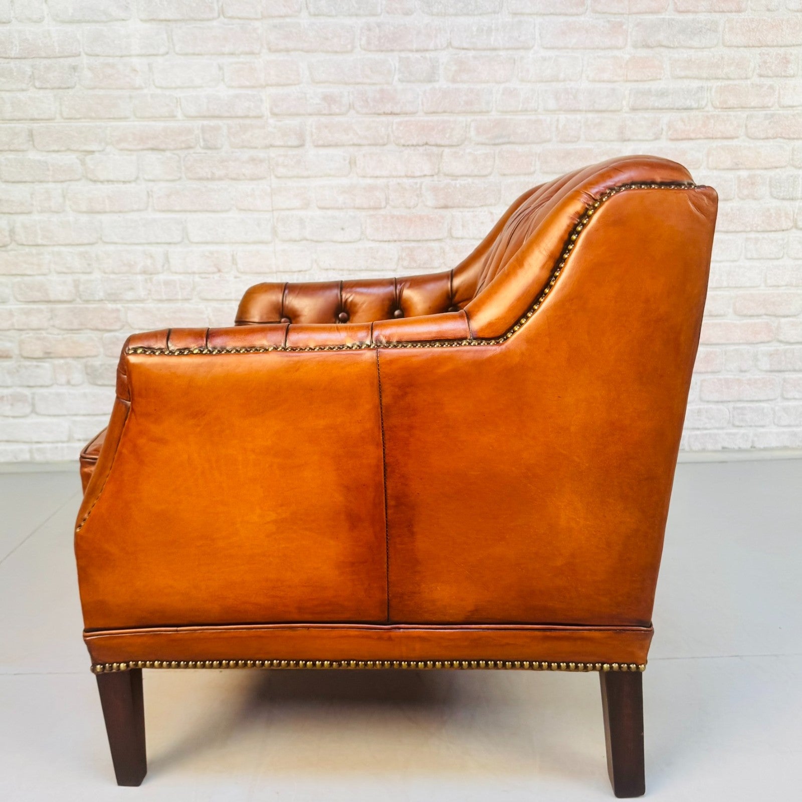 Vintage Chesterfield Armchair & Footstool Tan Leather Cognac Lounge Chair