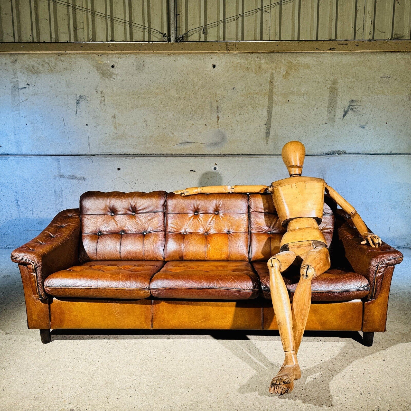 Vintage Danish Three-Seater Sofa - Bull Neck Leather, Hand-Dyed Tan Finish