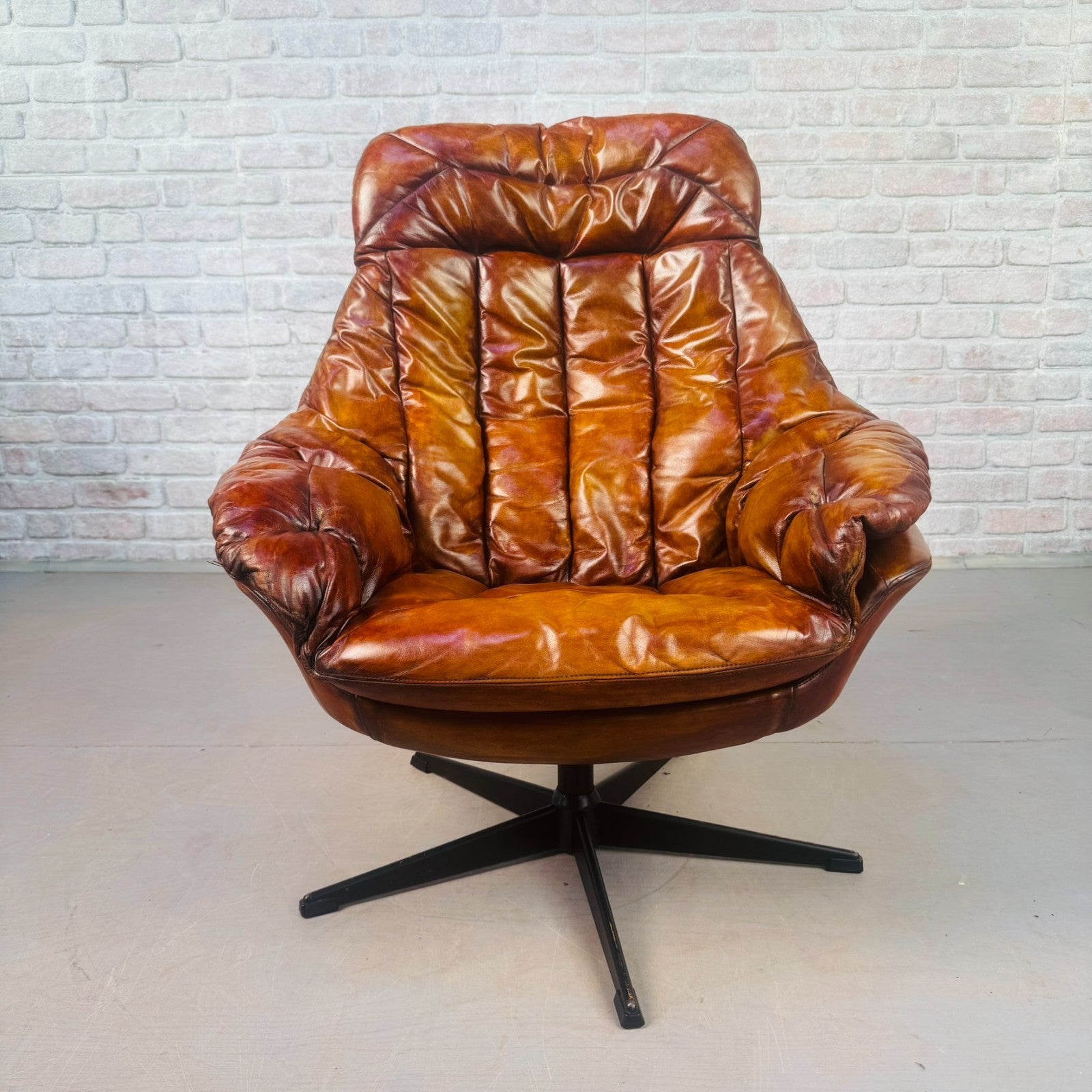 Vintage Danish H.W. Klein Egg Chair by Bramin Tan Leather Swivel Mid Century