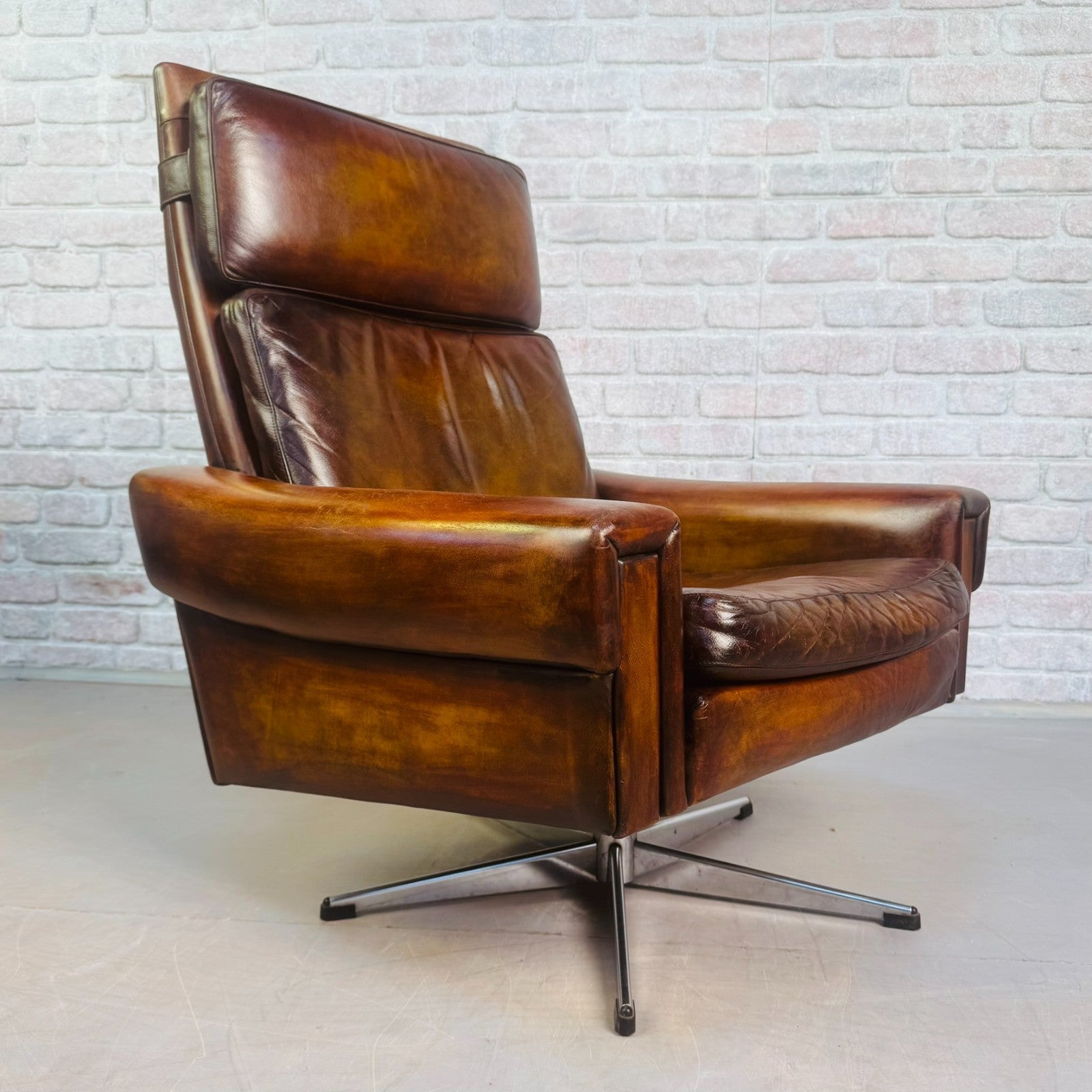Vintage 1970s Danish Tan Leather Swivel Chair Mid Century Armchair