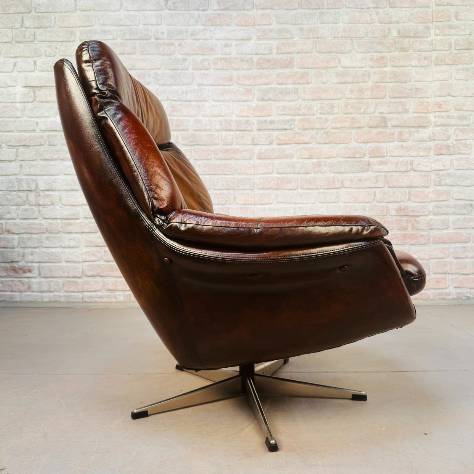 Vintage Danish Tan Leather Swivel Chair