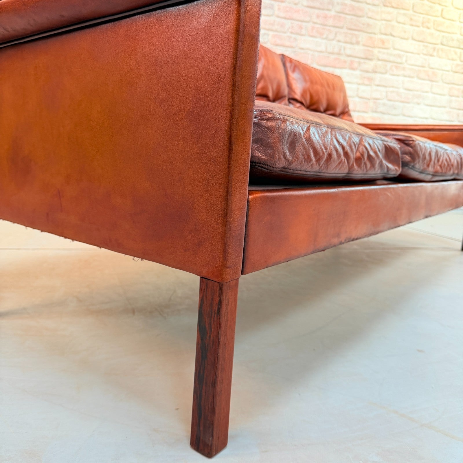 Vintage 1960s Danish Hans Olsen Brown Hand-Dyed Leather Three Seater Sofa