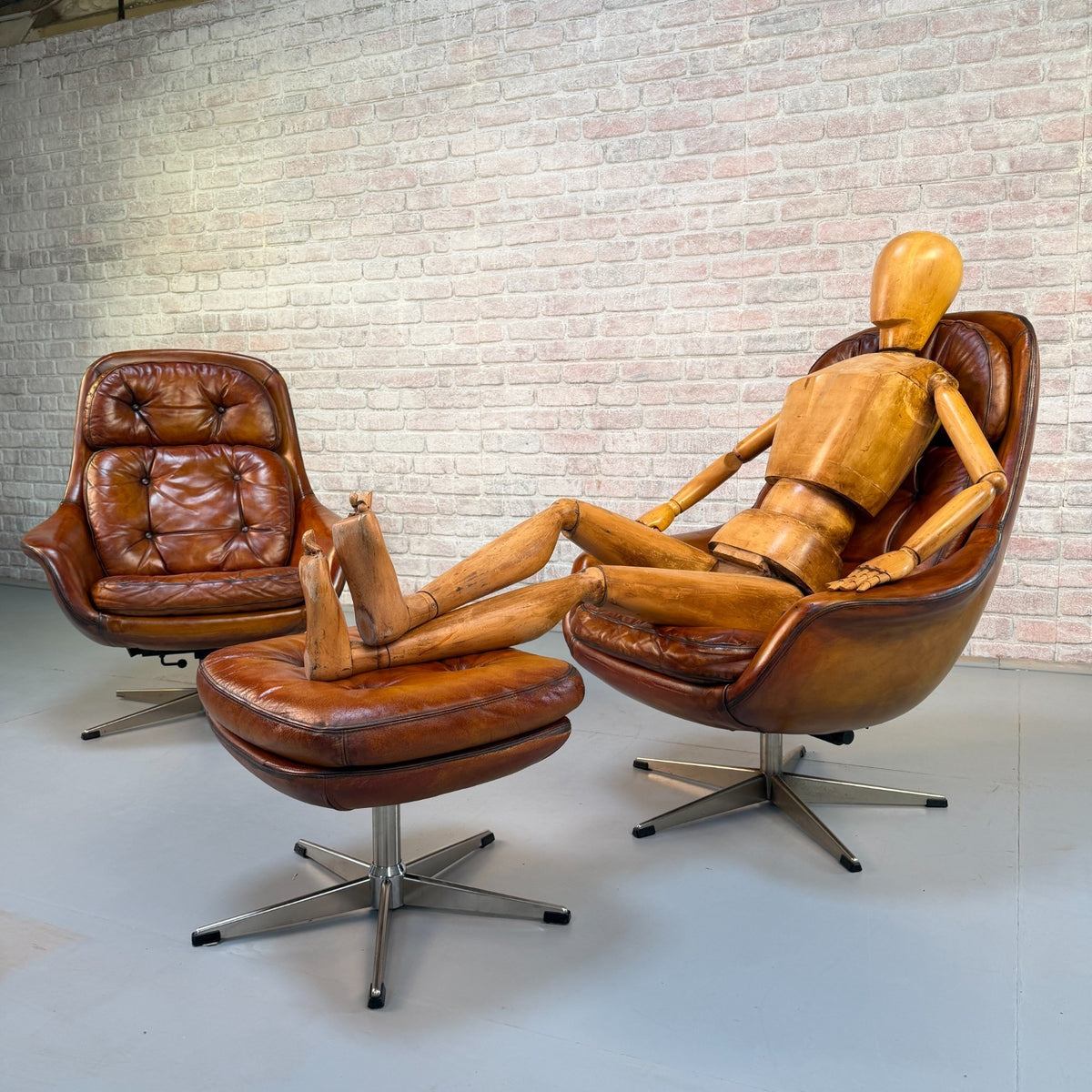 Vintage 1970s H.W. Klein Danish Tan Leather Swivel Egg Chairs & Footstool