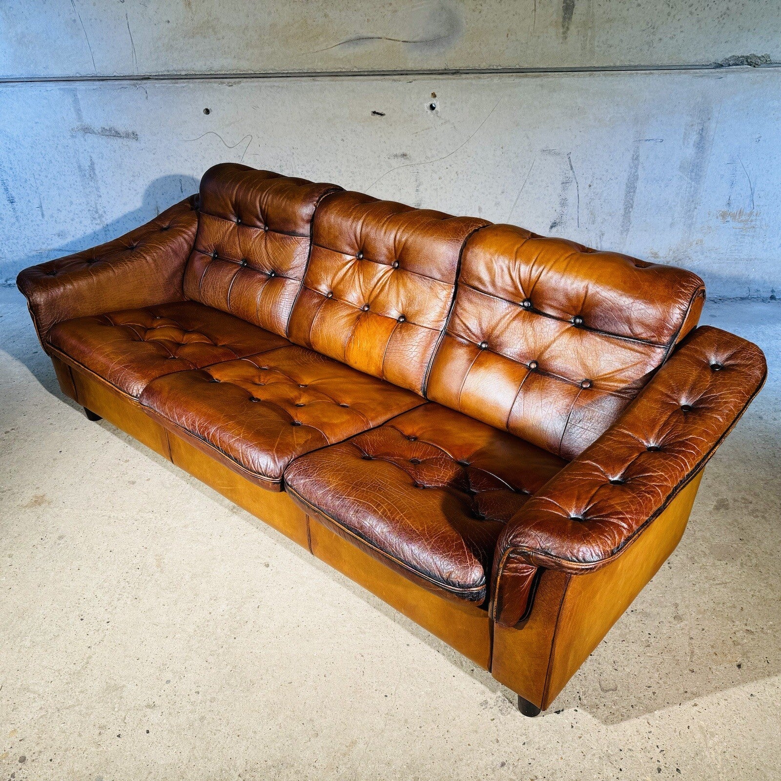 Vintage Danish Three-Seater Sofa - Bull Neck Leather, Hand-Dyed Tan Finish