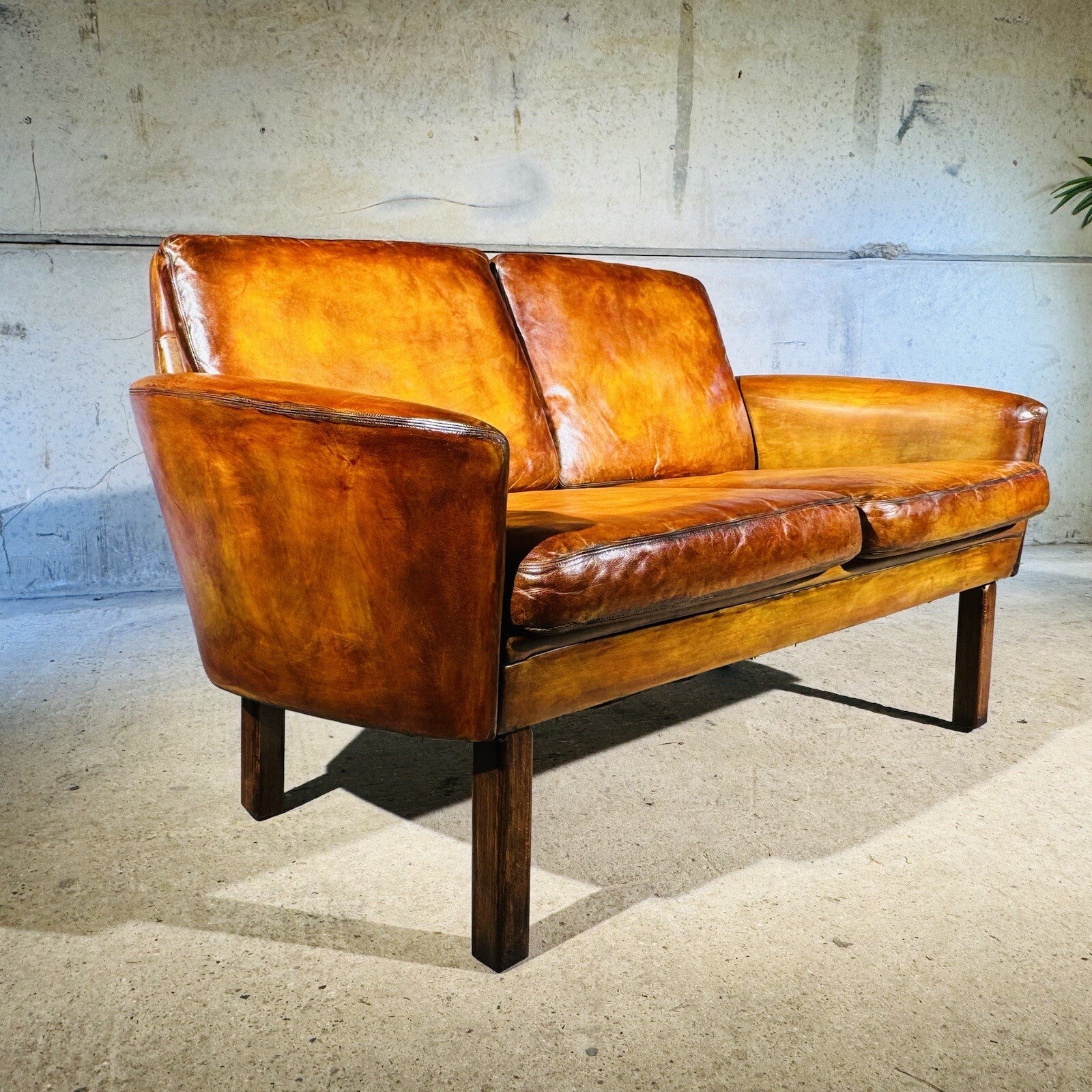 Neat Vintage Danish 1960s  Leather Two seater Sofa - Patinated Tan