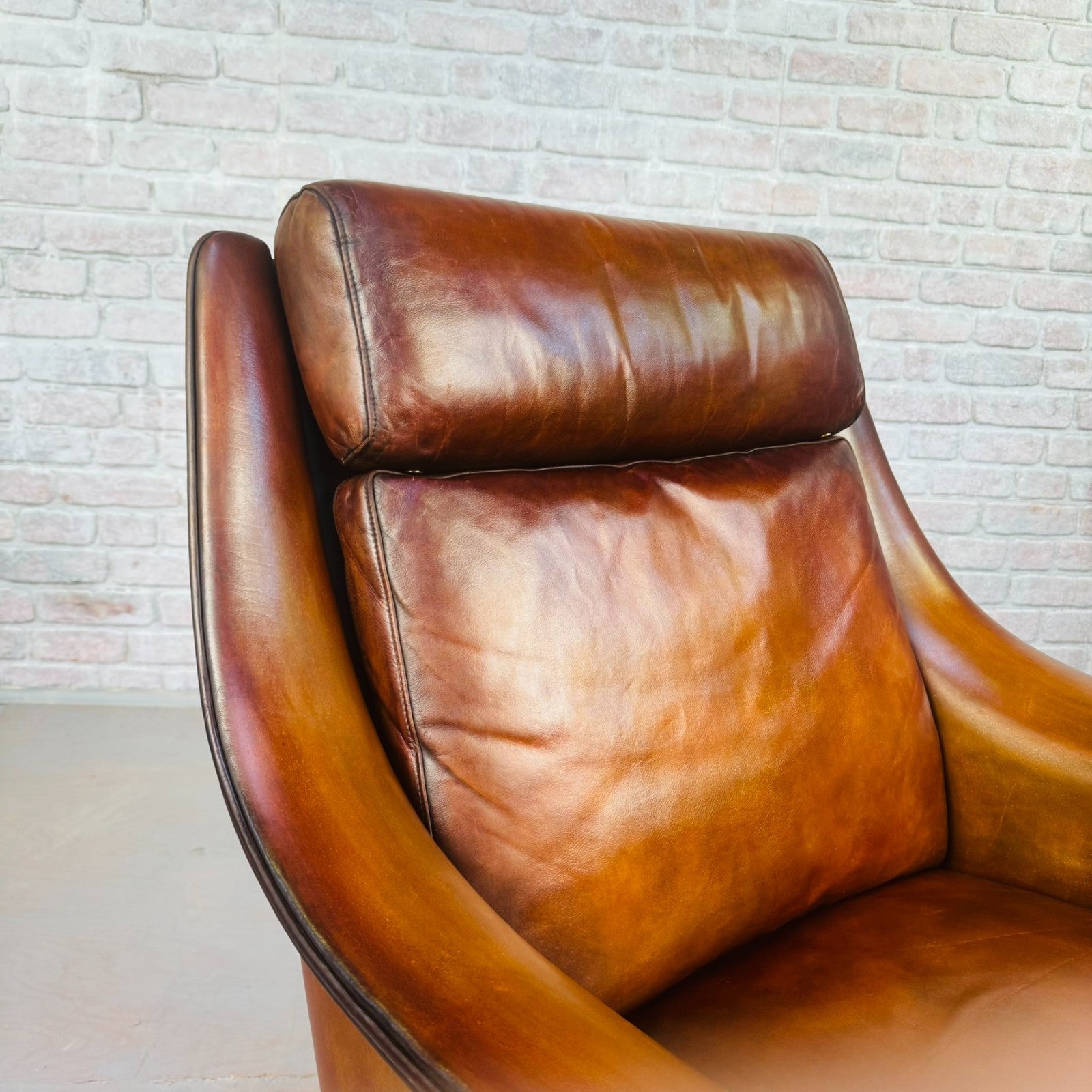Vintage 1960s Aage Christiansen High Back Tan Leather Armchair