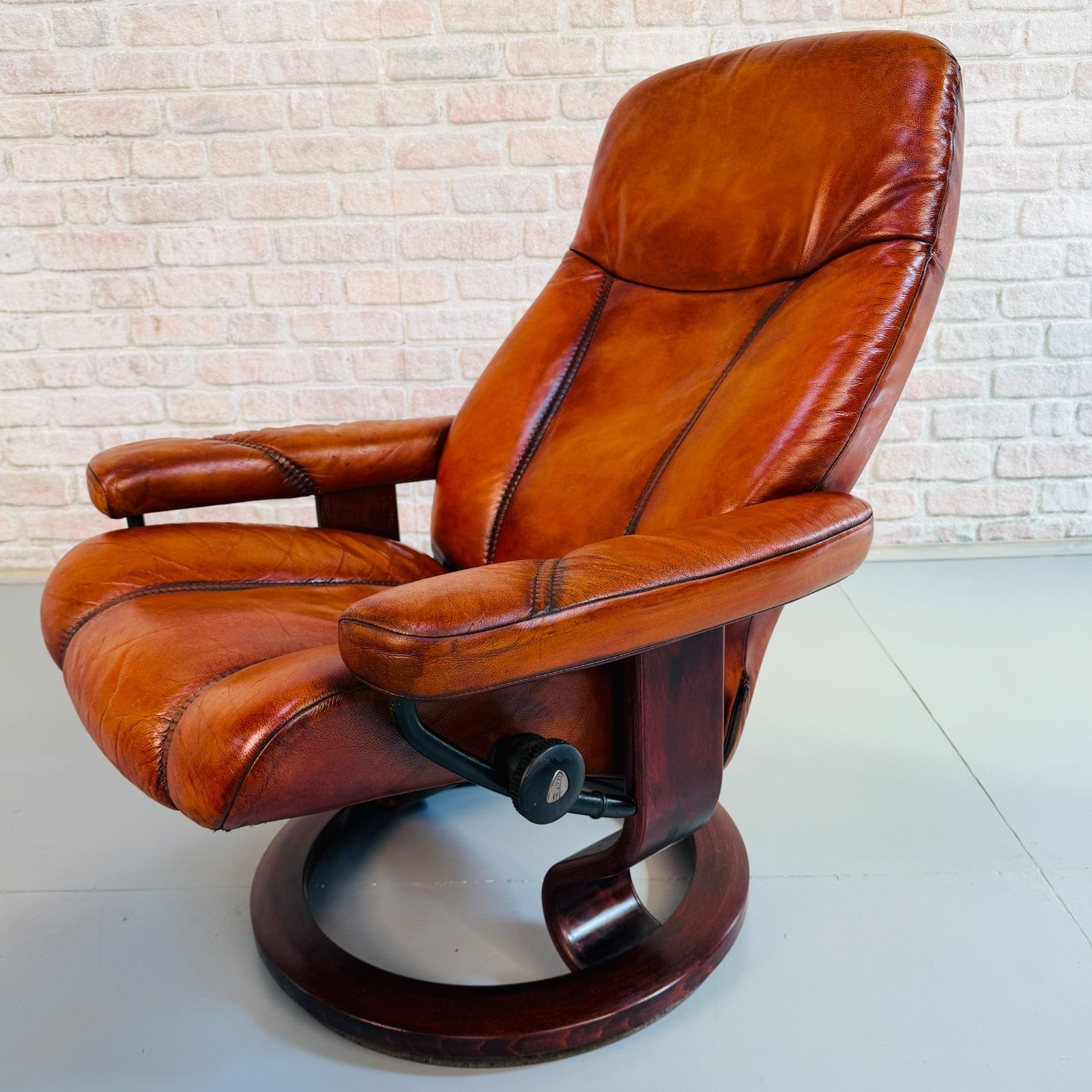 Vintage Danish Ekornes Reclining Swivel Armchair Tan Leather with Footstool