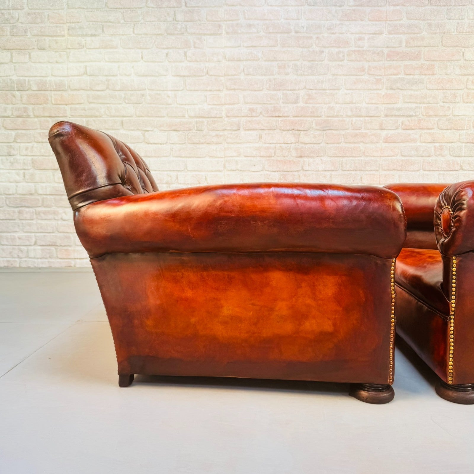 Pair 1920s English Cognac Leather Club Chairs Deep Seated Armchairs
