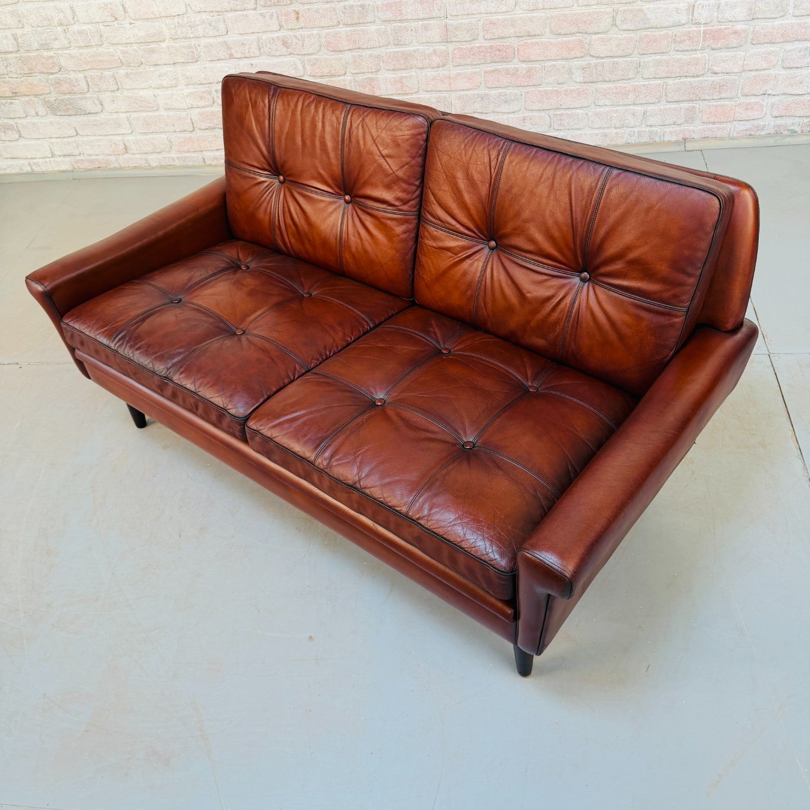 Vintage 1970s Svend Skipper Brown Leather Two-Seater Sofa