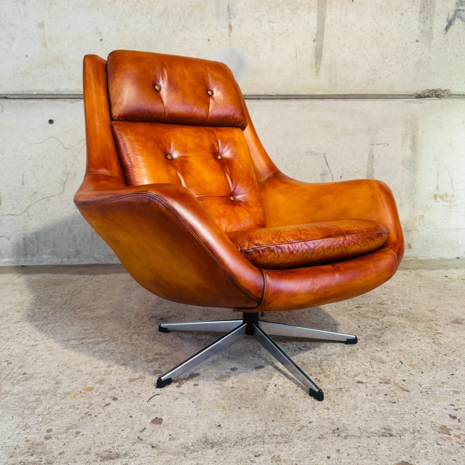 1970s Danish Egg Chair – Cognac Leather Swivel Base Generous Size