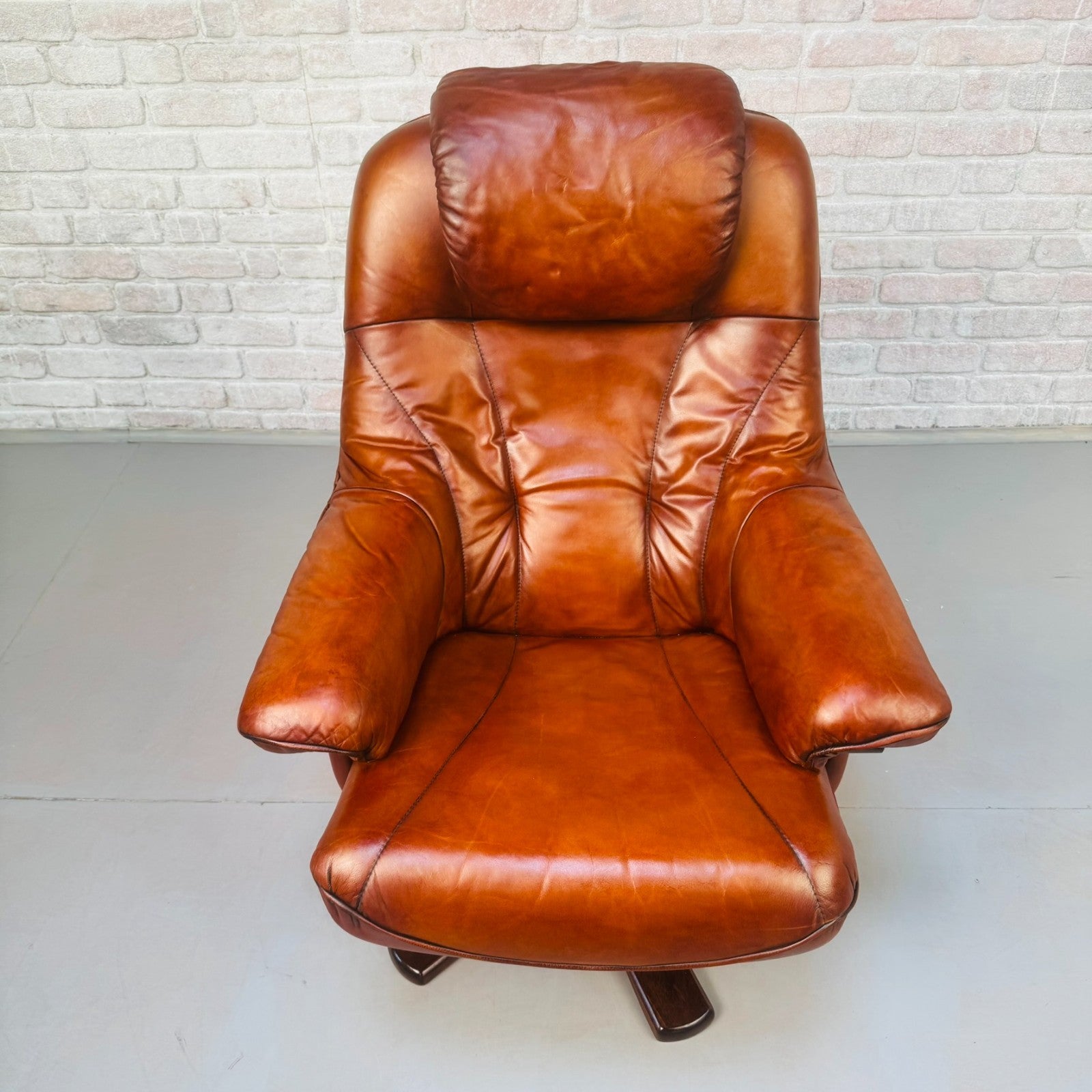Vintage Danish Tan Leather Reclining Chair & Matching Footstool