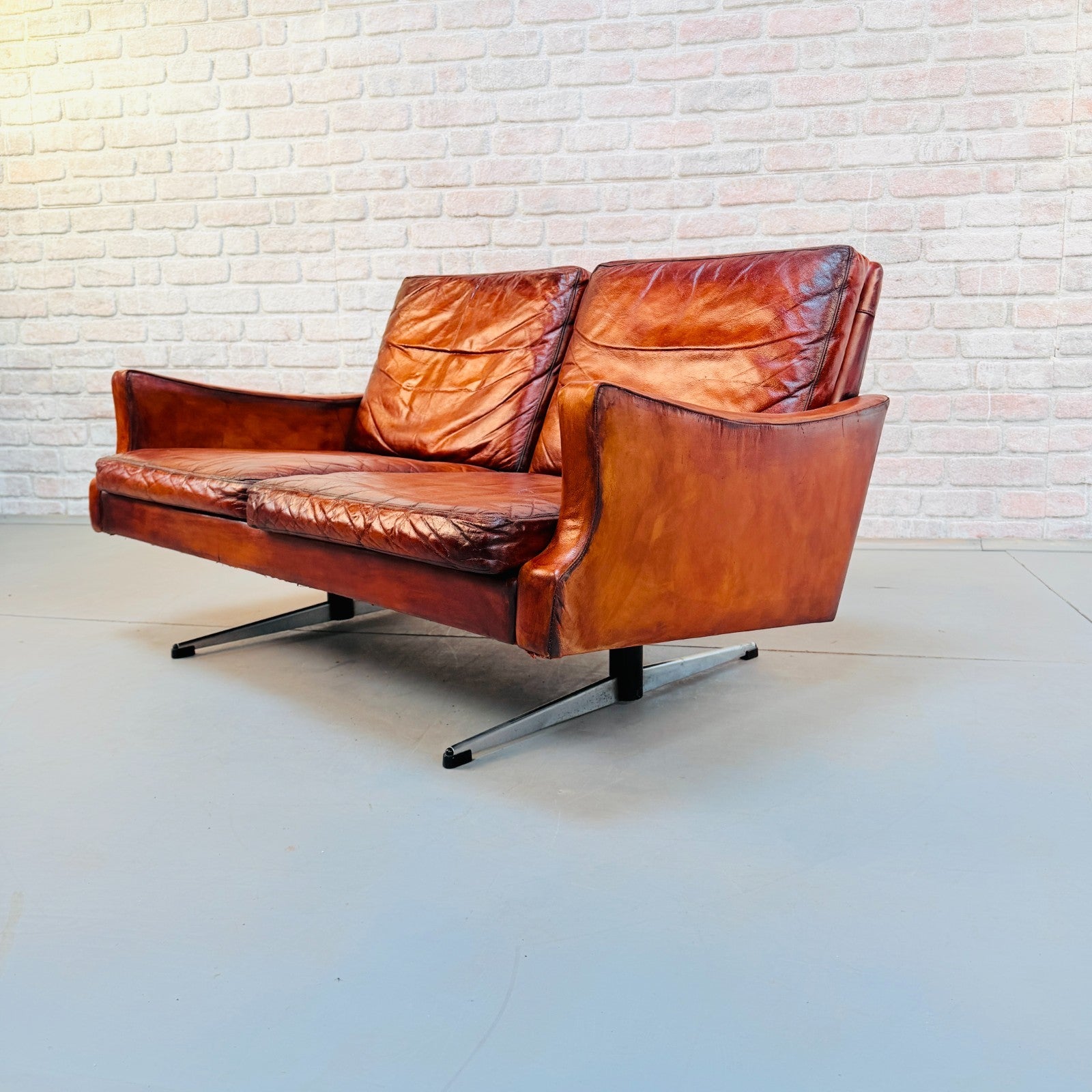 Vintage 1970s Danish Cognac Hand-Dyed Leather Two Seater Sofa
