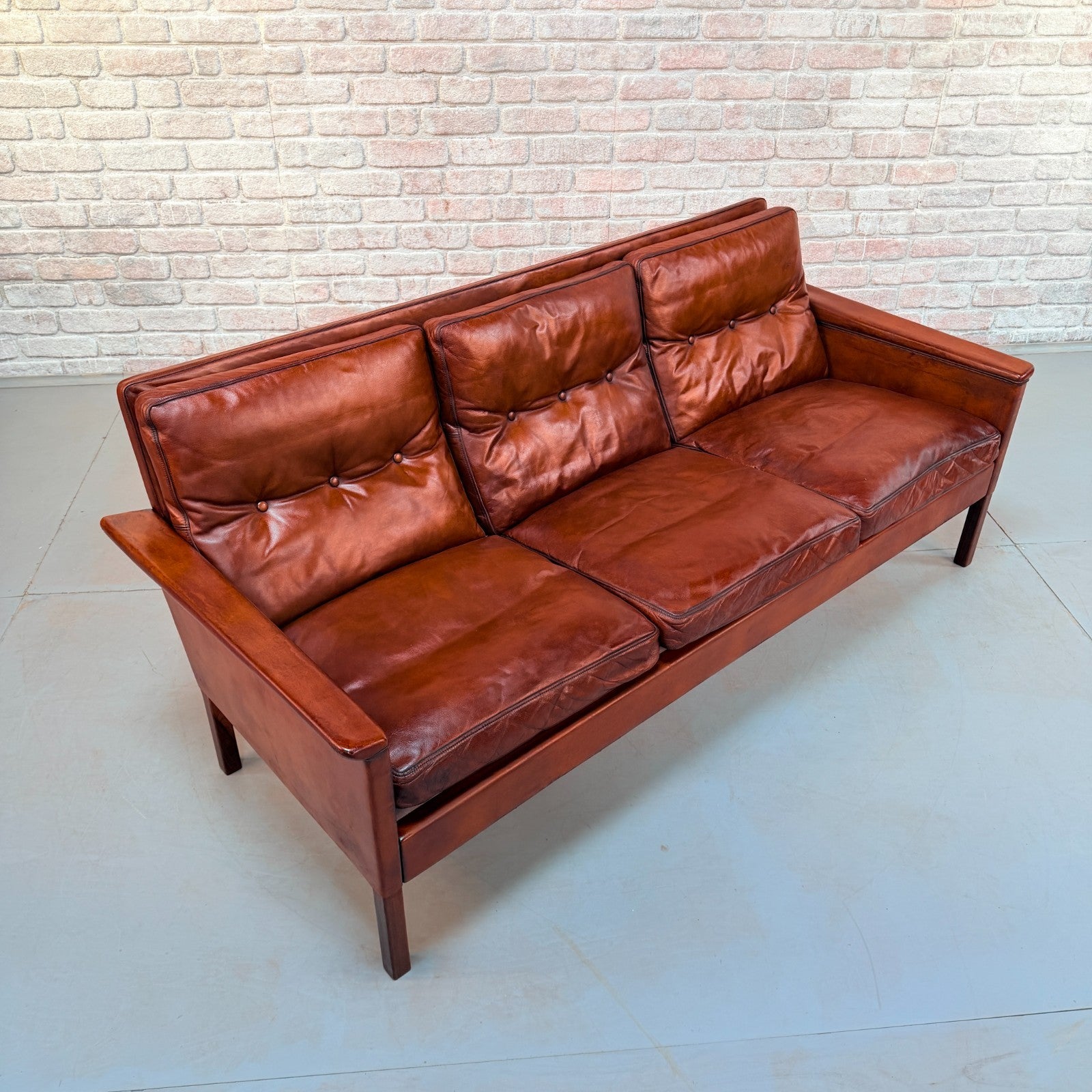 Vintage 1960s Danish Hans Olsen Brown Hand-Dyed Leather Three Seater Sofa