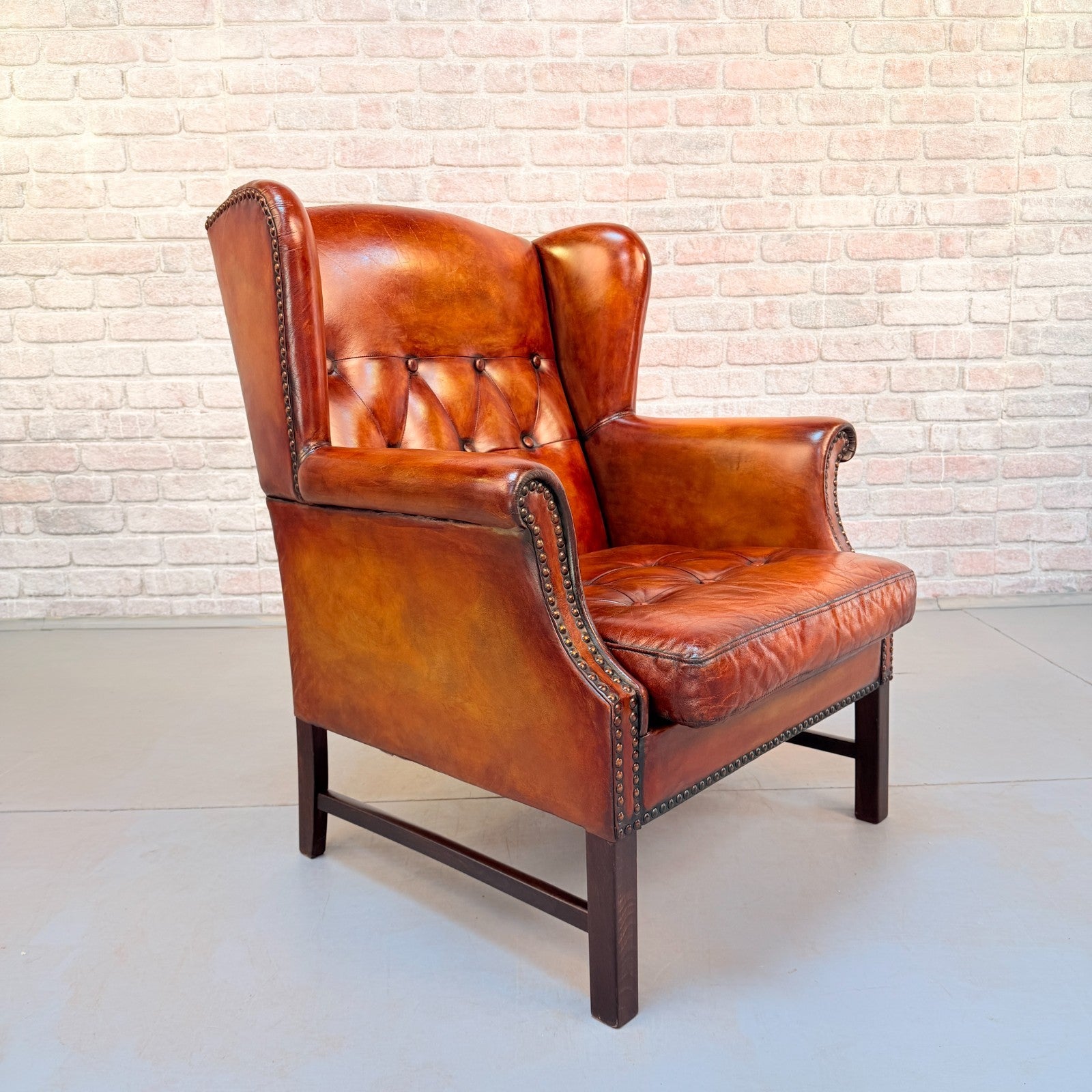 Vintage Danish Cognac Leather Wingback Armchair Hand Dyed Patina Chair