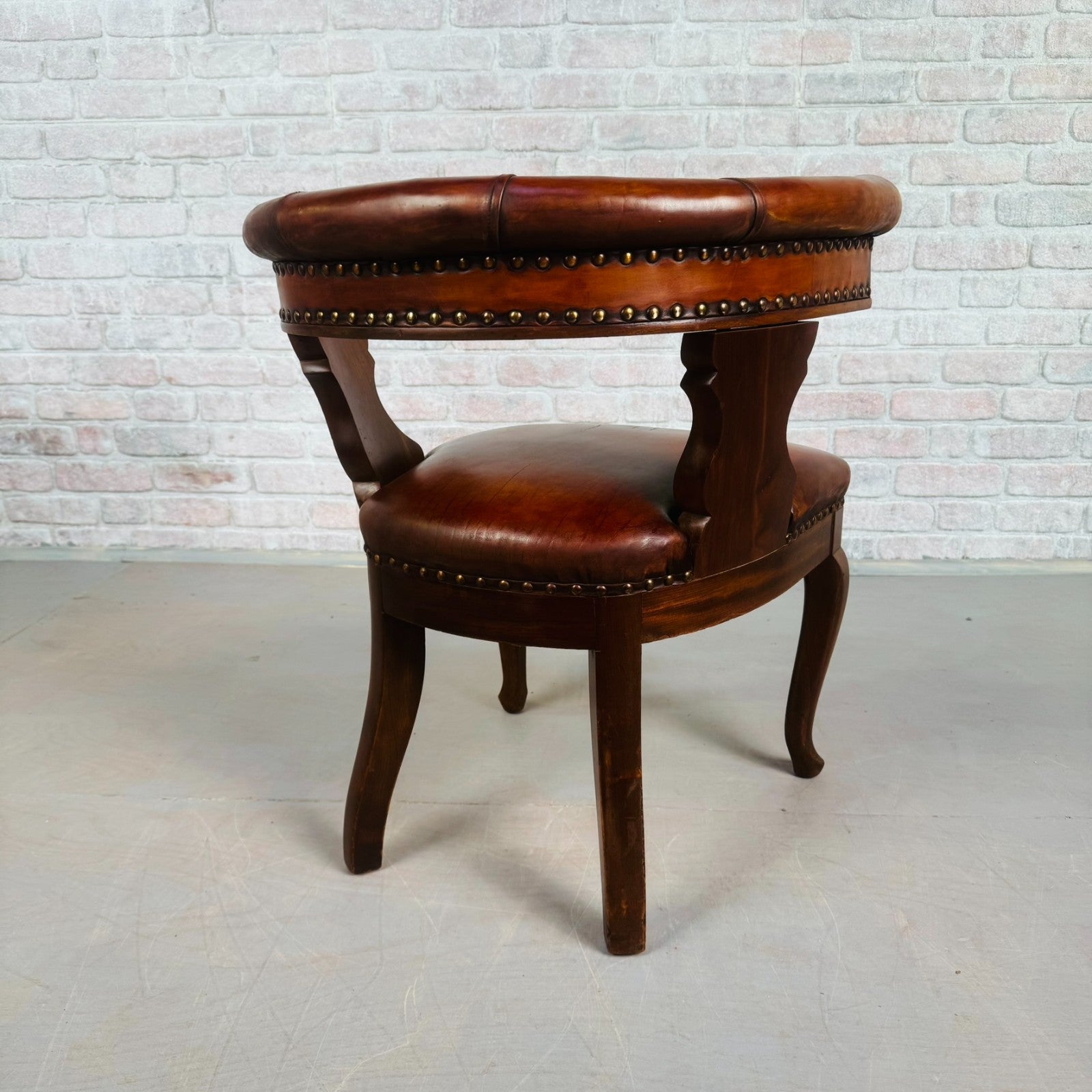 1940s Antique Danish Tan Leather Partner’s Desk Chair - Walnut Frame