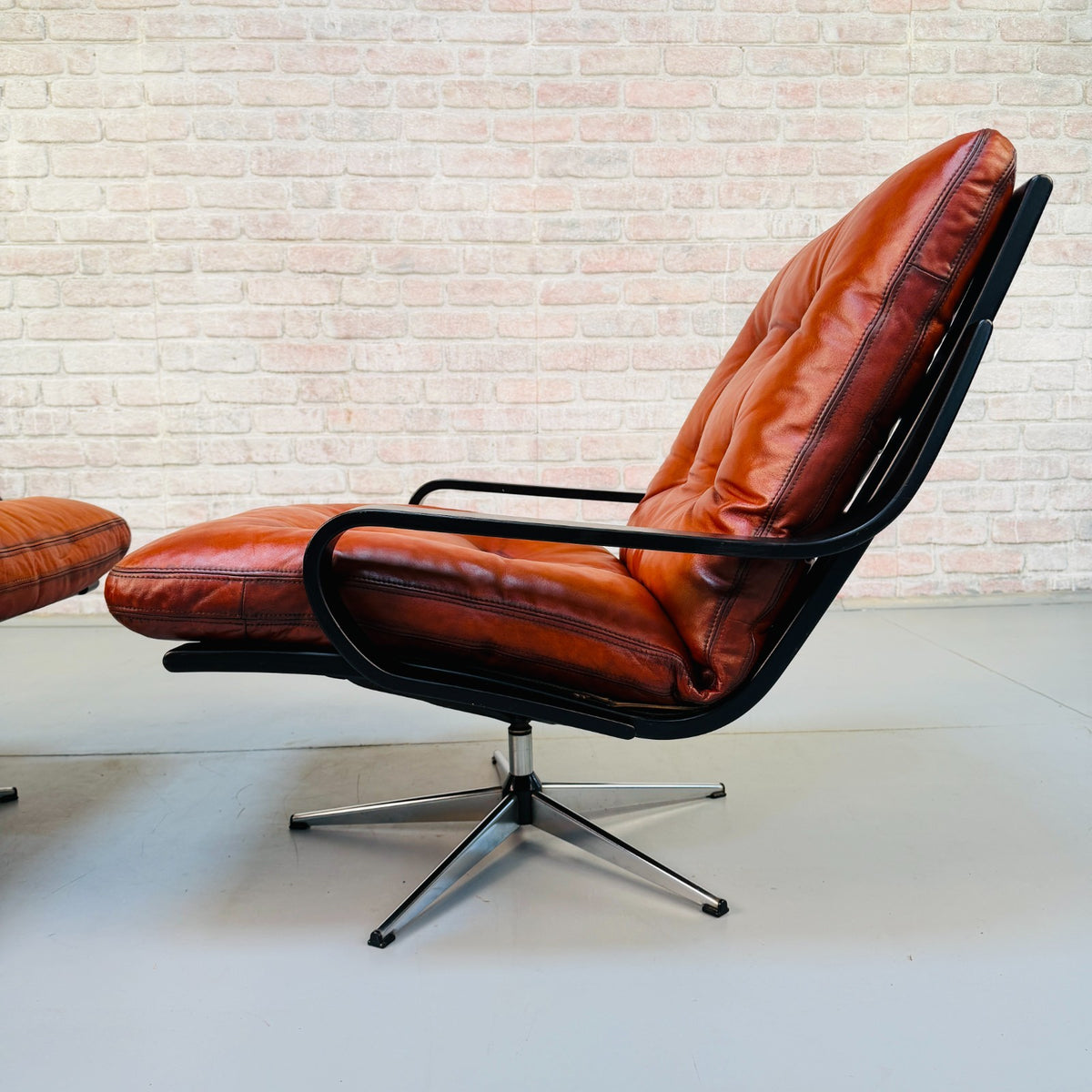 Pair Vintage Danish Cognac Tan Leather Swivel Armchairs Black Beech Frames