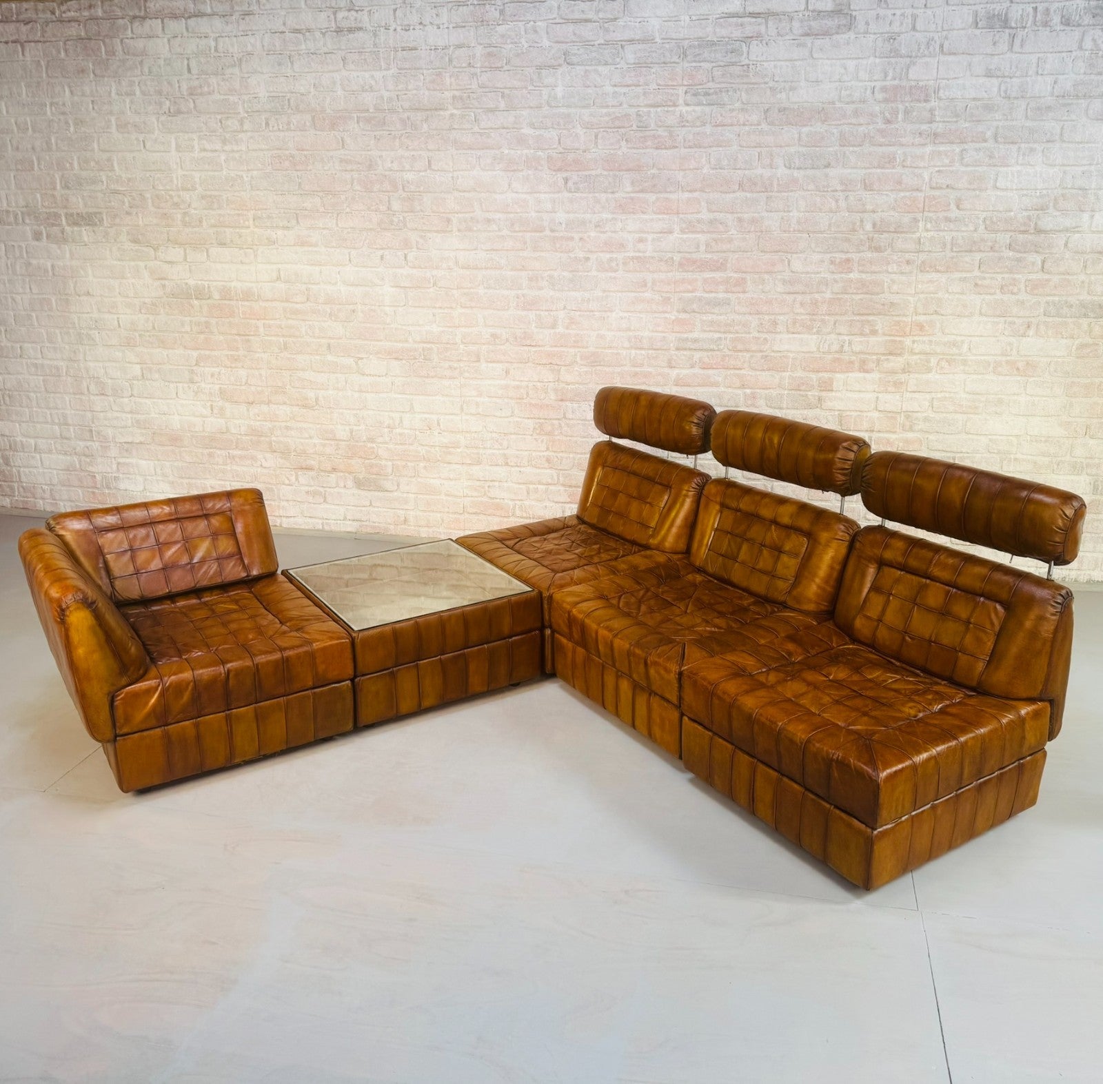 Rare Percival Lafer 60s Modular Sofa 4 Sections & Glass Top Table Tan Leather