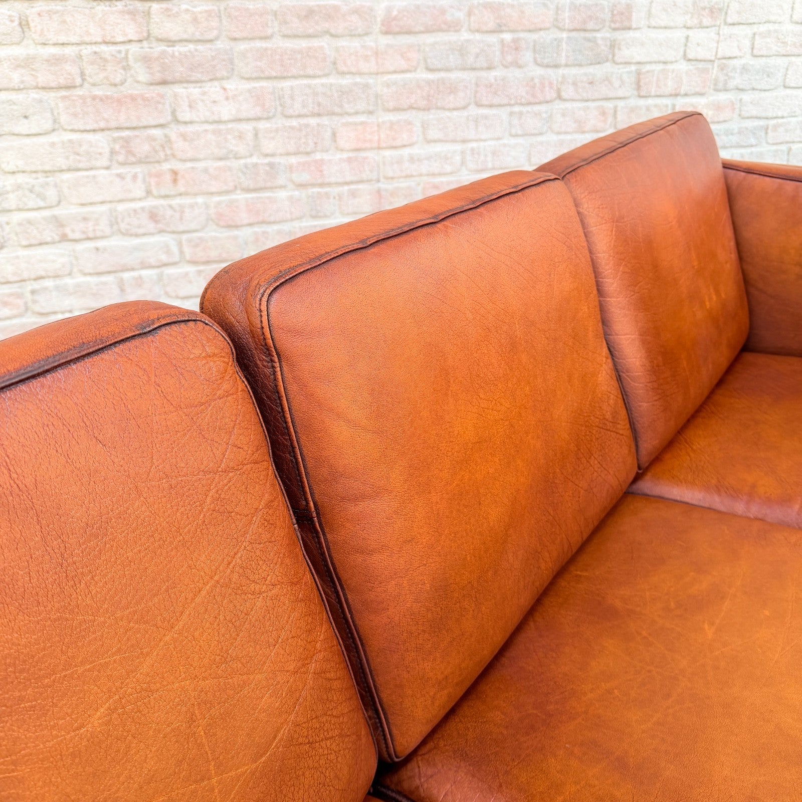 Vintage 1970s Danish Tan Leather 3 Seater Sofa Hand Dyed Buffalo Leather