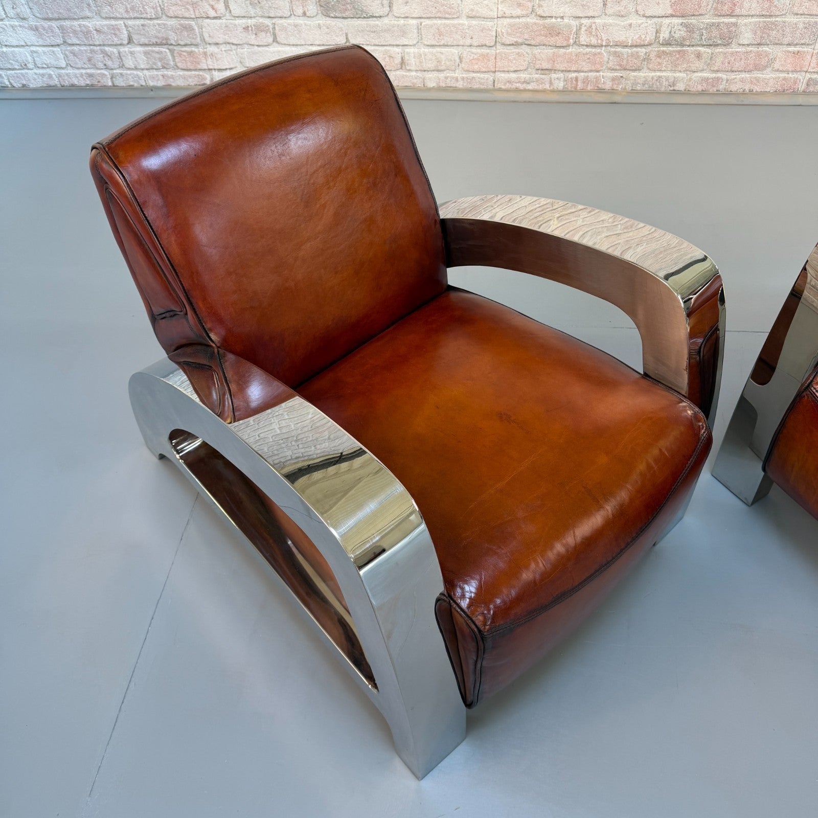 Stunning Pair of Vintage Art Deco Chrome Aviator Heritage Brown Leather Armchair