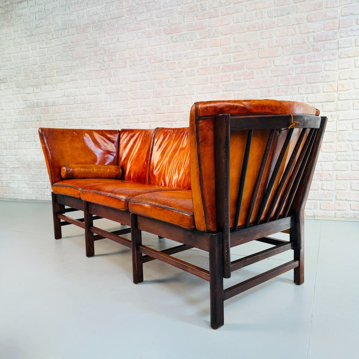 1970s Vintage Danish Hand Dyed Cognac Leather 3 Seater Sofa