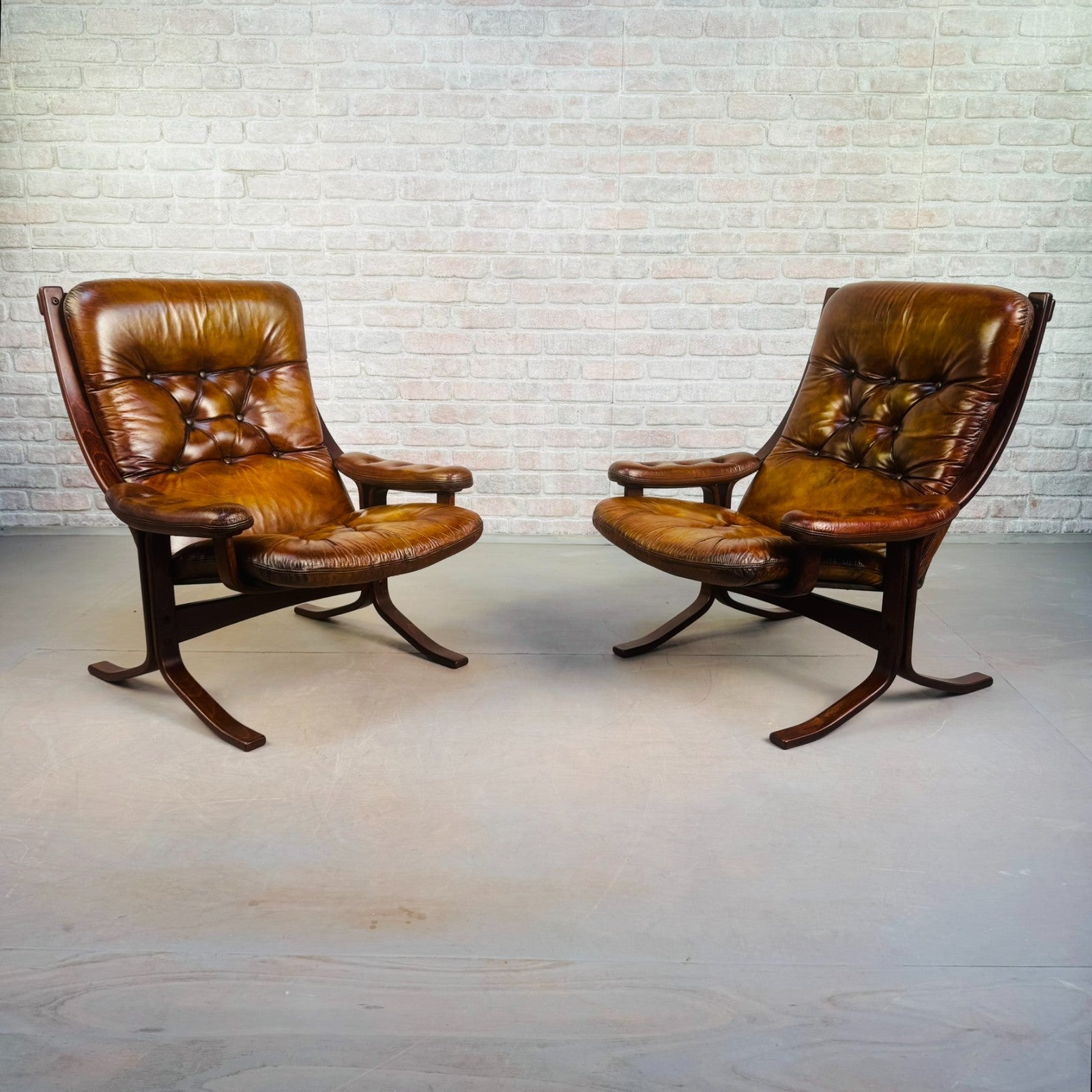 Pair of Vintage Danish Tan Leather Armchairs High Back Mid Century Chairs