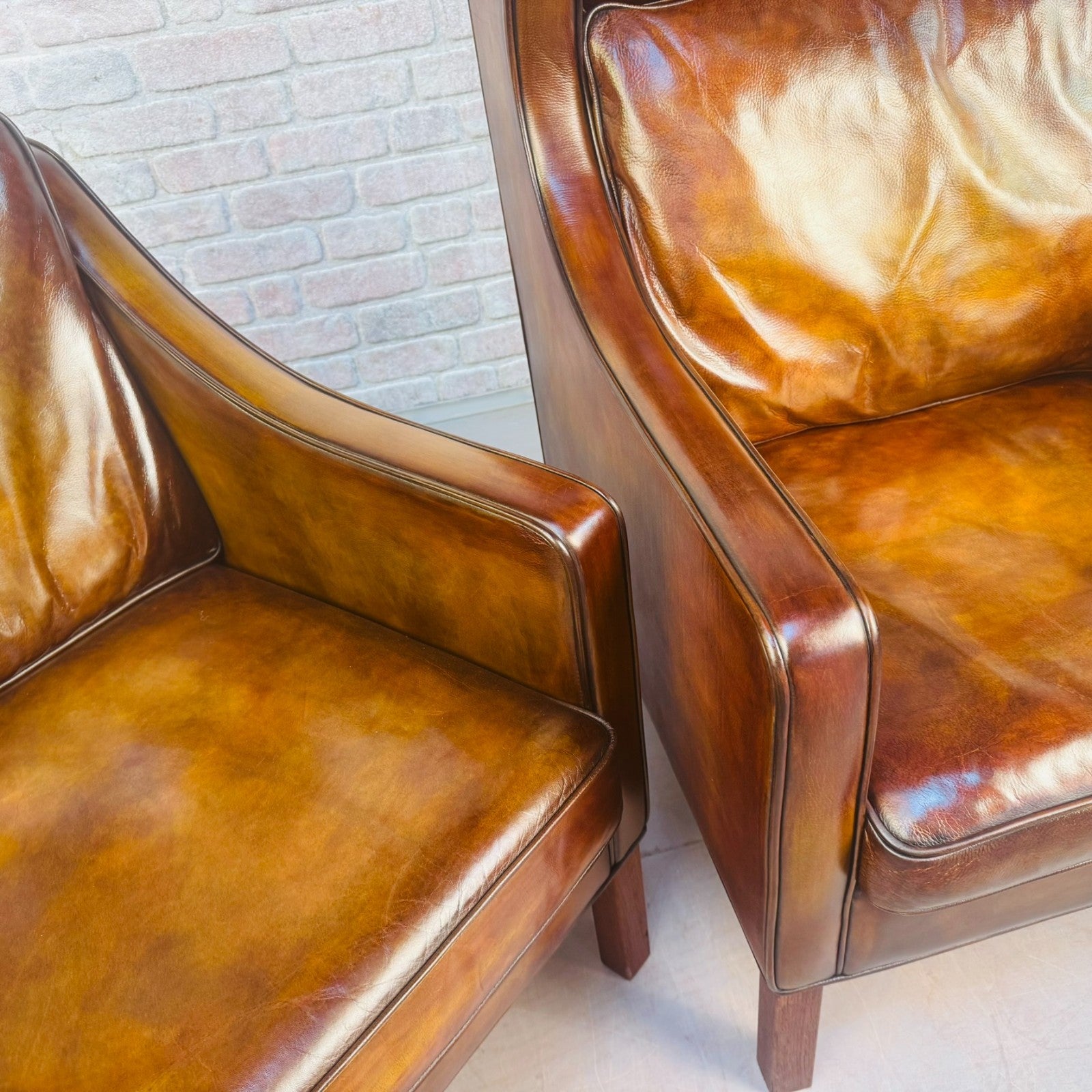 Vintage Danish His & Hers High Back Leather Chairs Pair Light Brown Armchairs