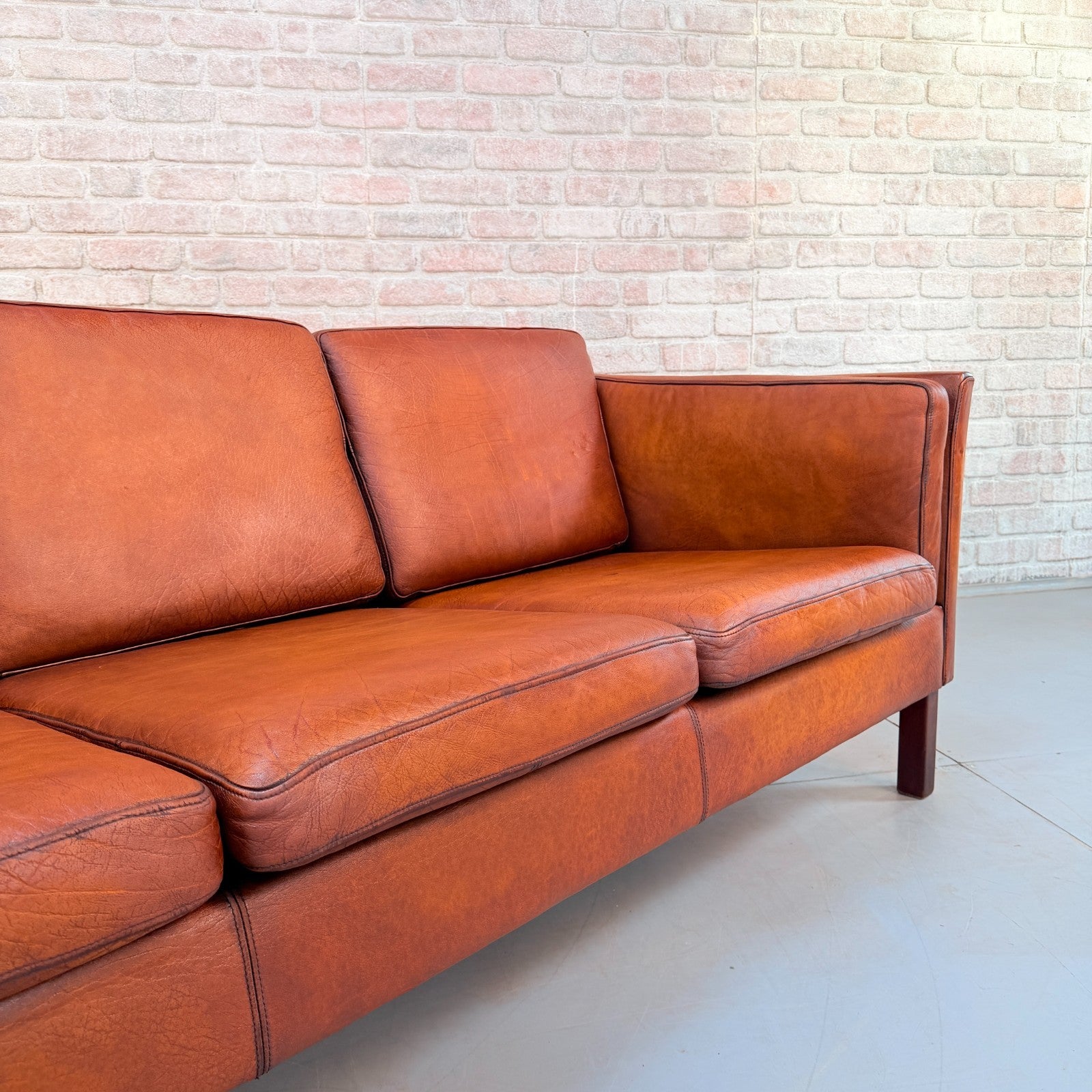 Vintage 1970s Danish Tan Leather 3 Seater Sofa Hand Dyed Buffalo Leather