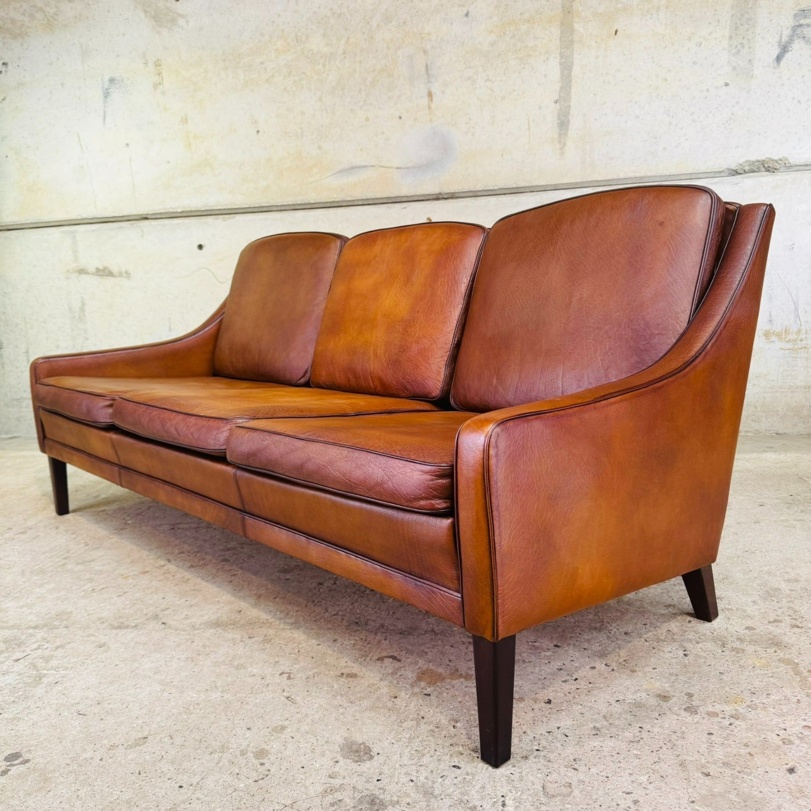 Vintage 1960s Danish Tan Leather Three-Seater Sofa