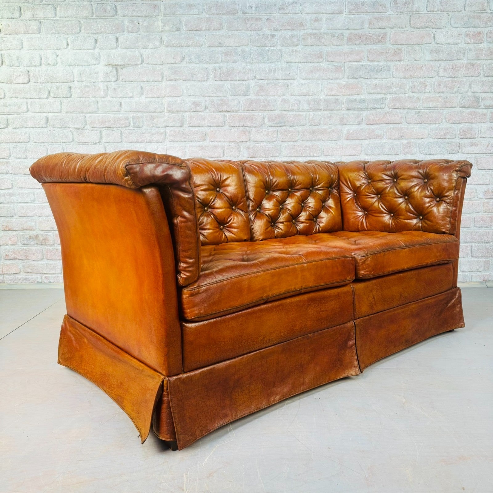 Vintage Danish Tan Leather Two Seater Sofa Fully Buttoned