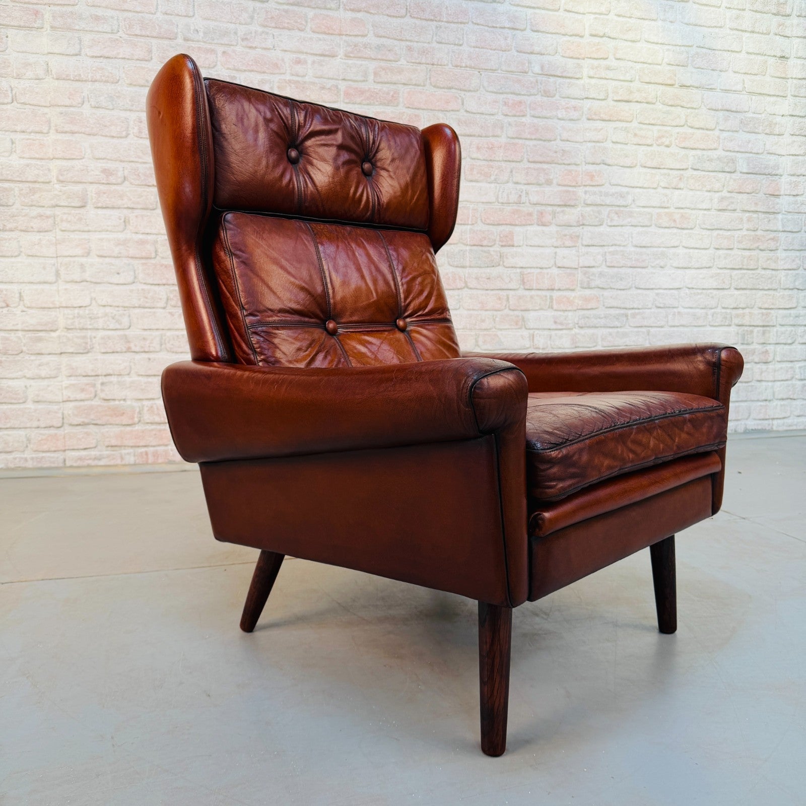 Vintage Danish Svend Skipper Tan Hand-Dyed Leather High Back Chair