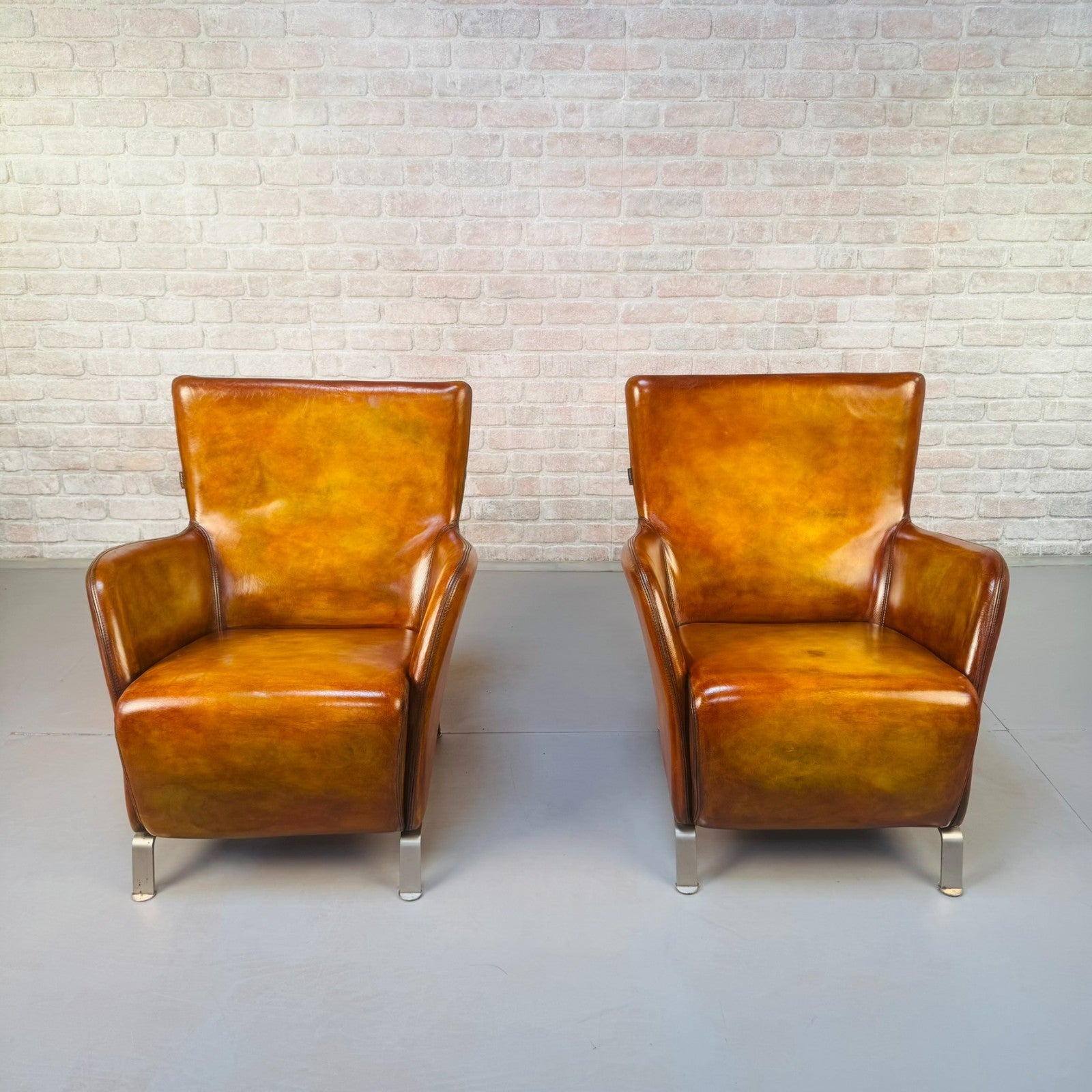 Contemporary Danish Hand Dyed Light Tan Leather Armchairs