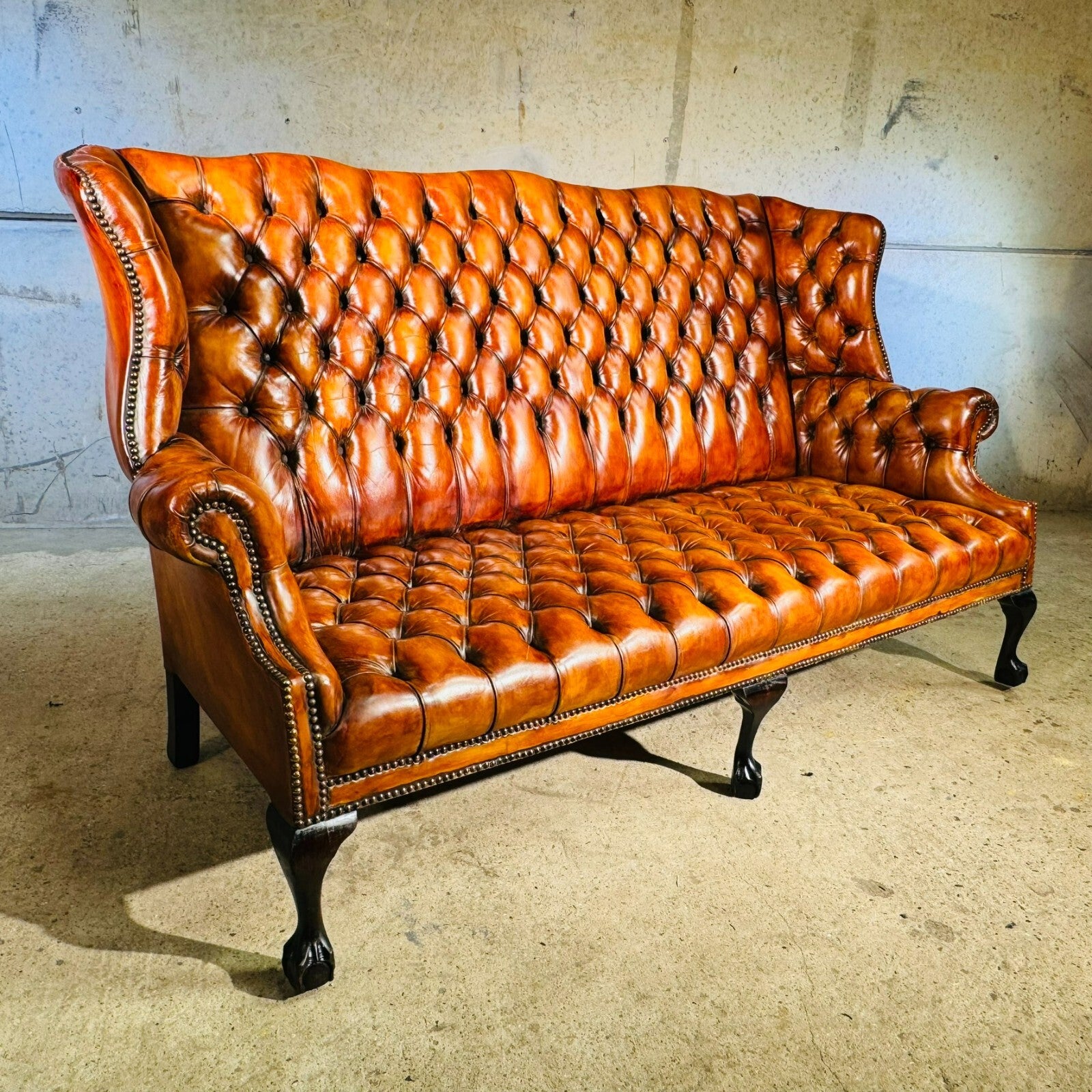 Beautiful Three Seater 19th C Tan Leather Chesterfield Sofa Fully Buttoned