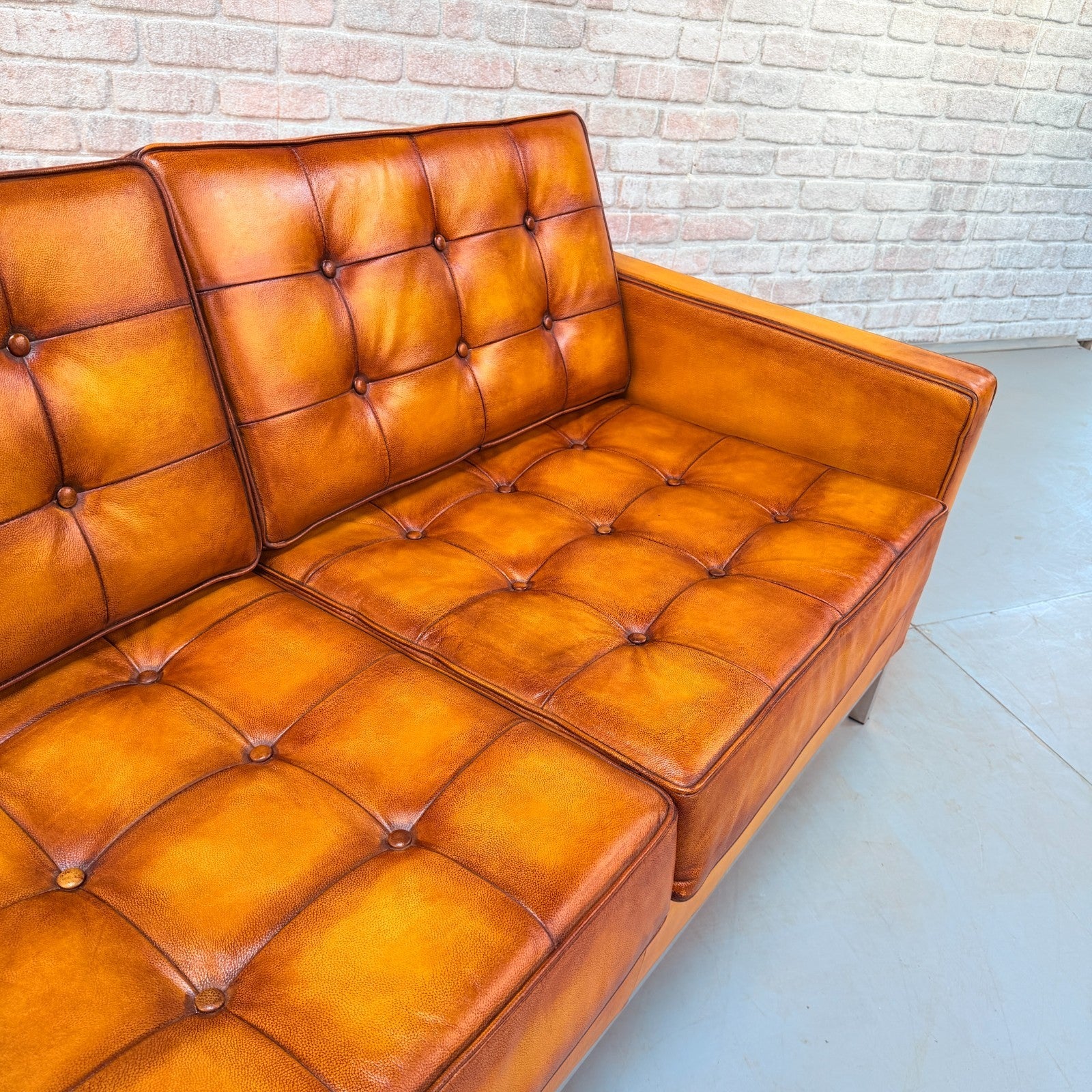 Vintage Florence Knoll Style Tan Leather Two Seater Sofa
