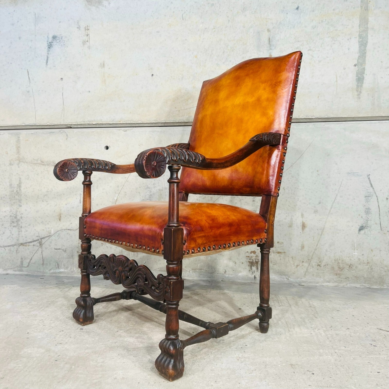 Cromwellian Revival Carved Oak and Leather Armchair Carver Chair