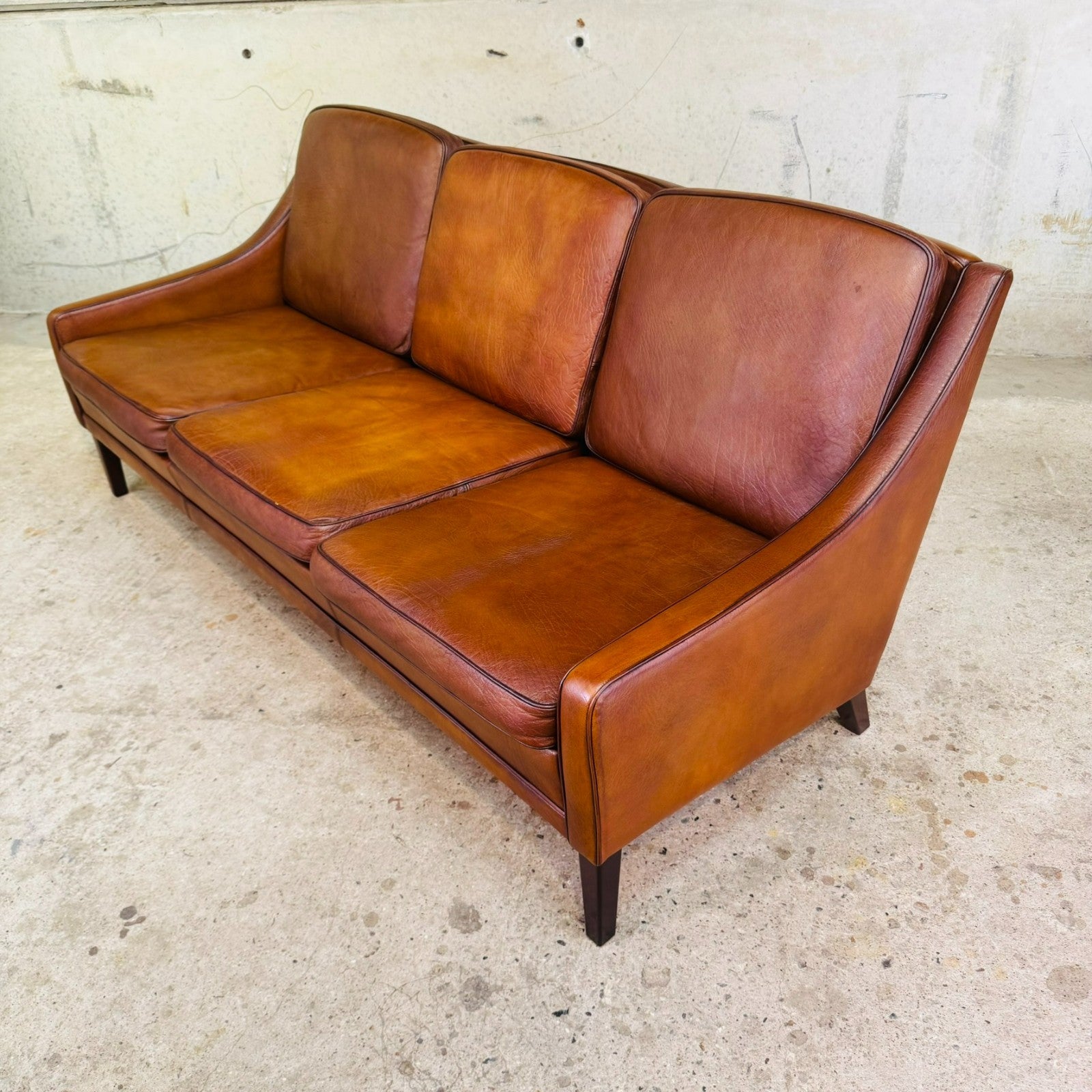 Vintage 1960s Danish Tan Leather Three-Seater Sofa