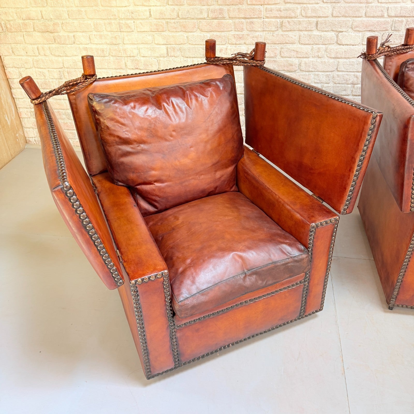 Vintage 1930s Knole Drop End Tan Leather Sofa & Armchairs Suite Antique