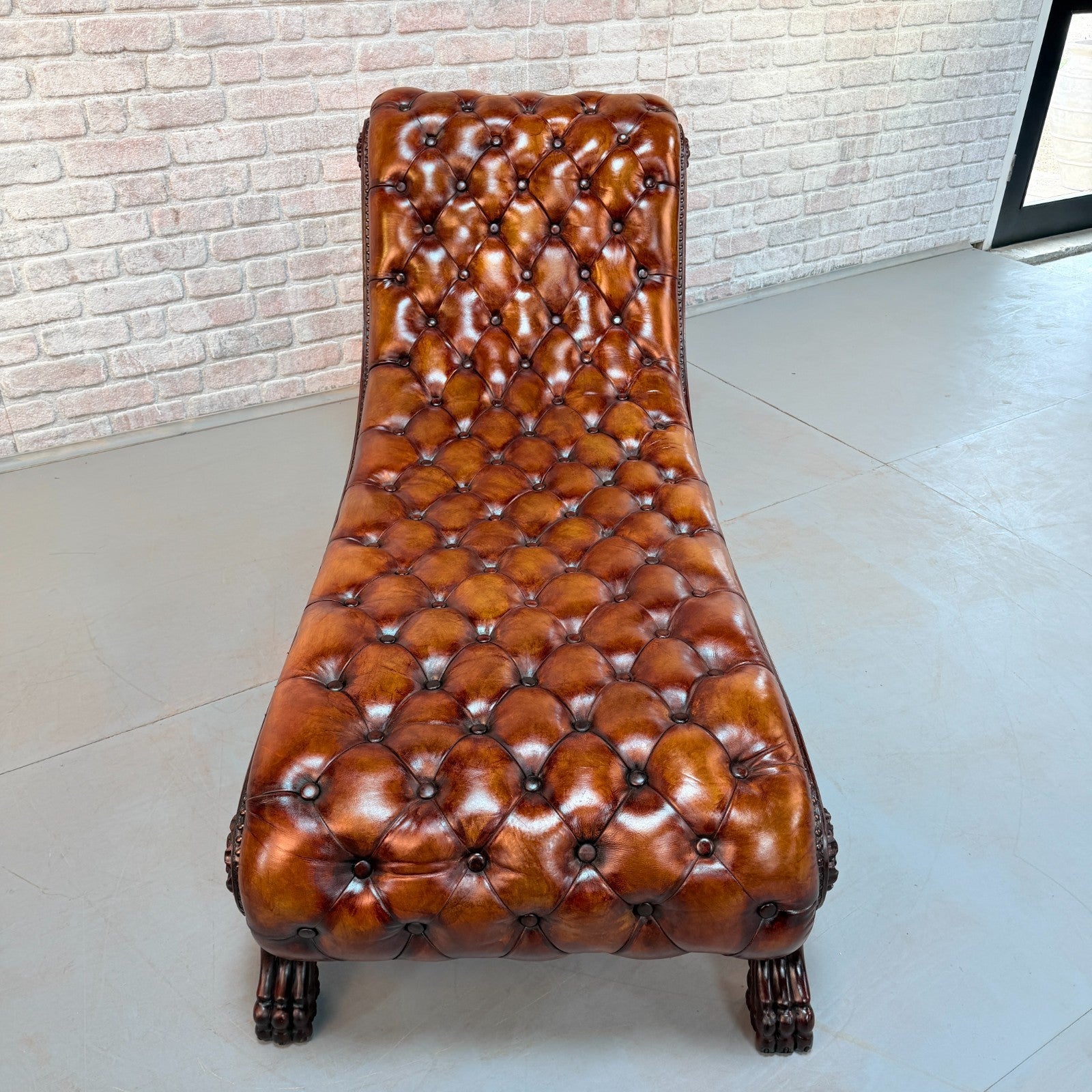 Decorative Chesterfield Style Tan Hand-Dyed Leather Chaise Lounge