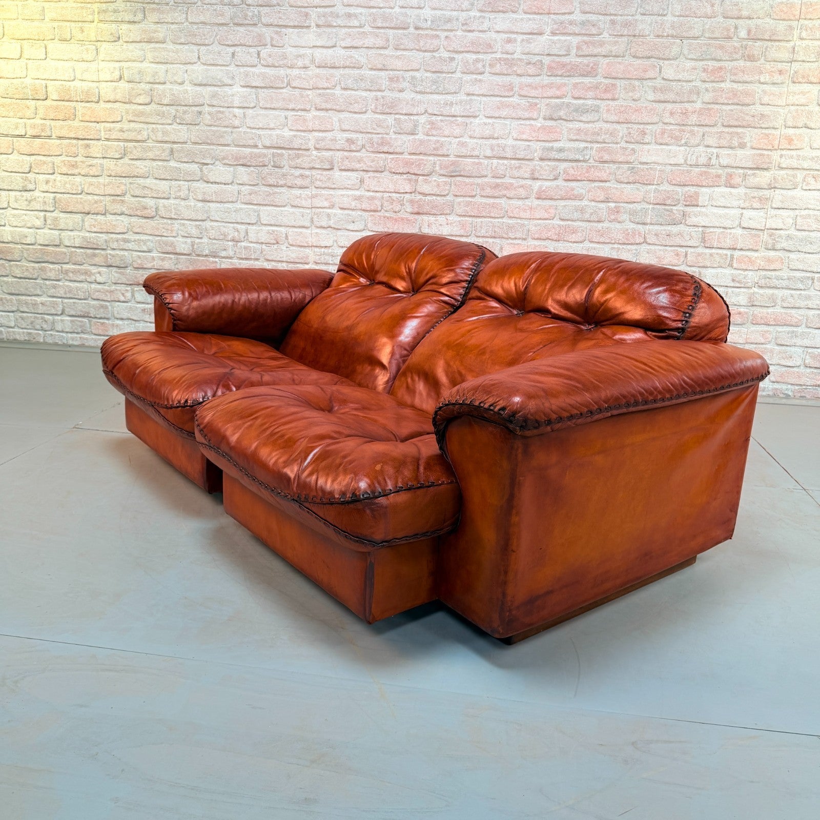 Vintage 70s De Sede DS-101 Two Seater Sofa & Footstool Cognac Leather Switzerlan