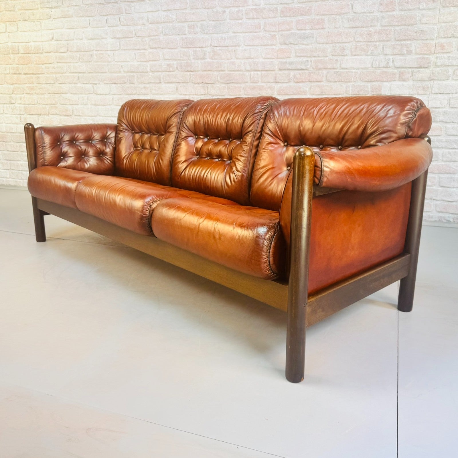 Vintage 1970s Swedish Tan Leather Three Seater Sofa