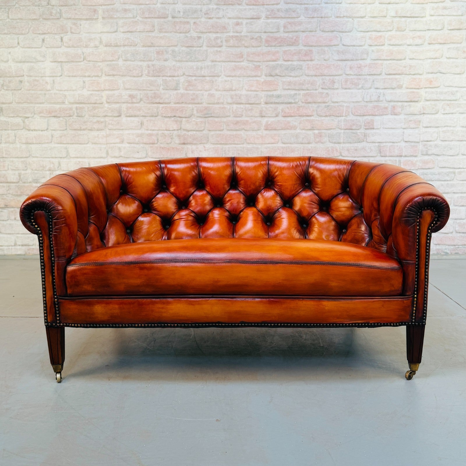 Vintage Neat Chesterfield Tan Hand-Dyed Leather Two Seater Sofa