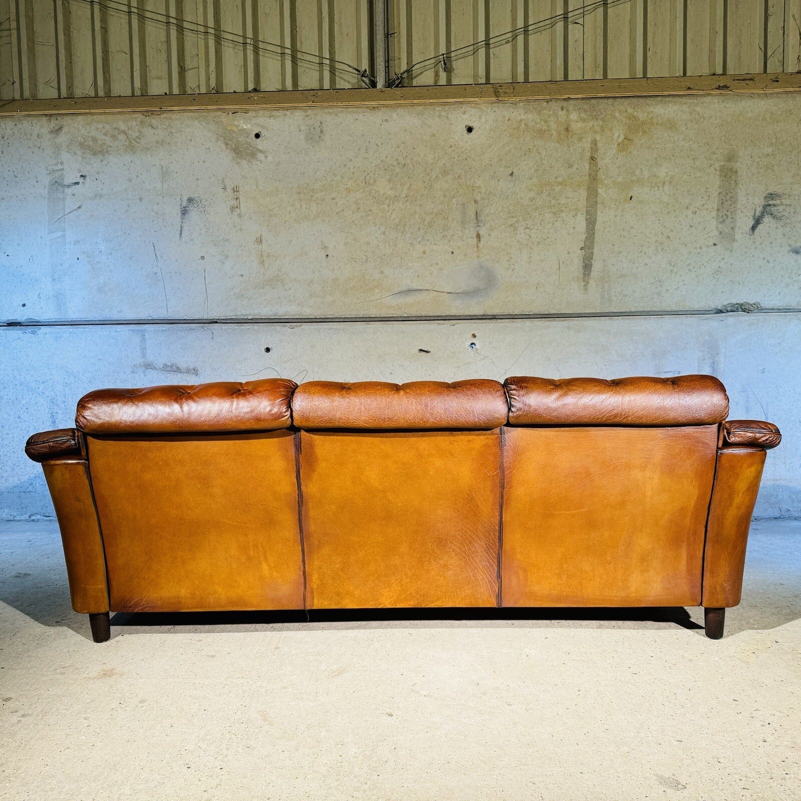 Vintage Danish Three-Seater Sofa - Bull Neck Leather, Hand-Dyed Tan Finish