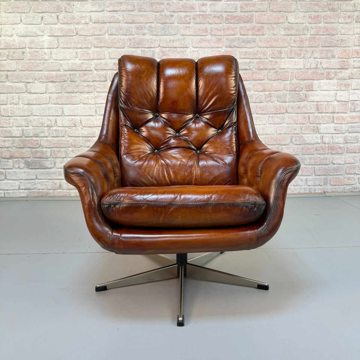 Vintage Danish Tan Leather Swivel Armchair – Hand Dyed Beautiful Patina