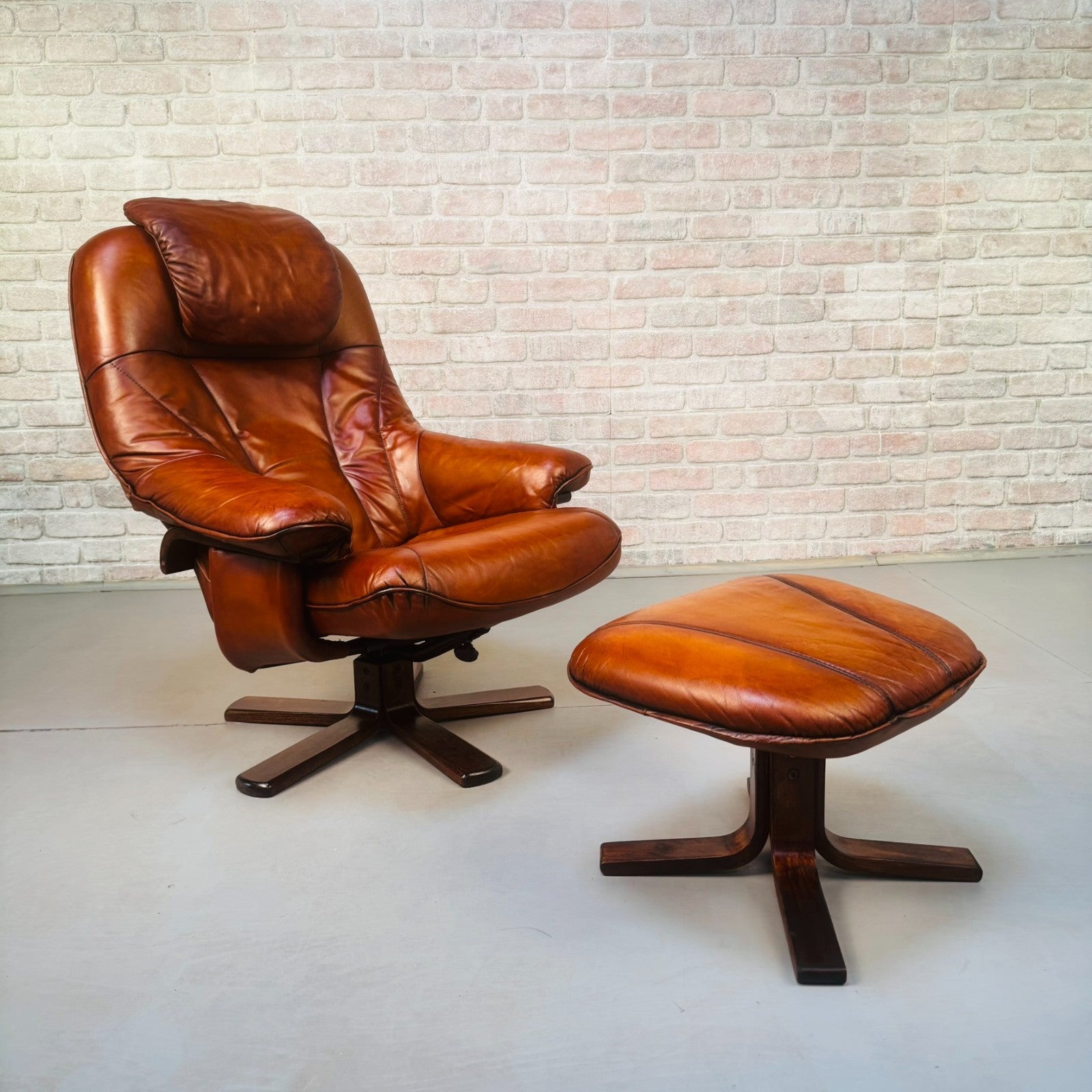Vintage Danish Tan Leather Reclining Chair & Matching Footstool